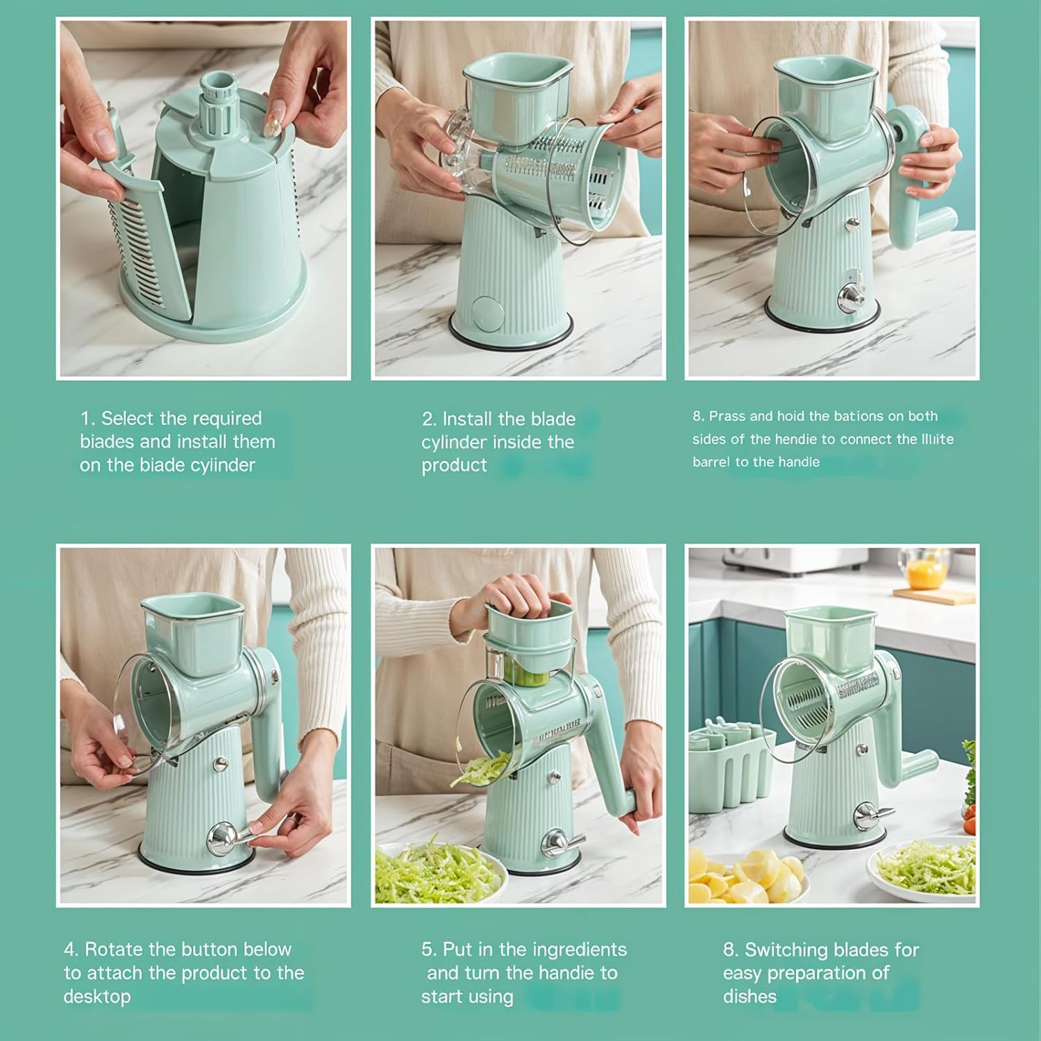 Rotary Cheese Grater with Handle,5 in 1Rrotary Cheese Grater,Vegetable Chopper, Storage Box with Blade,The Suction Base Is Easy to Use（Green） image number 6