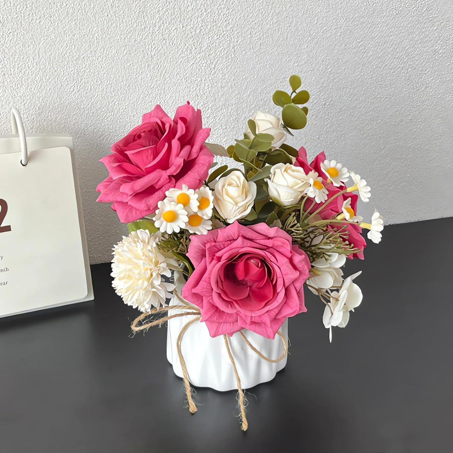 Artificial Flower Arrangement with Roses and Daisies in White Ceramic Vase, Mixed Bouquet A218 (White) - Light Pink image number 4
