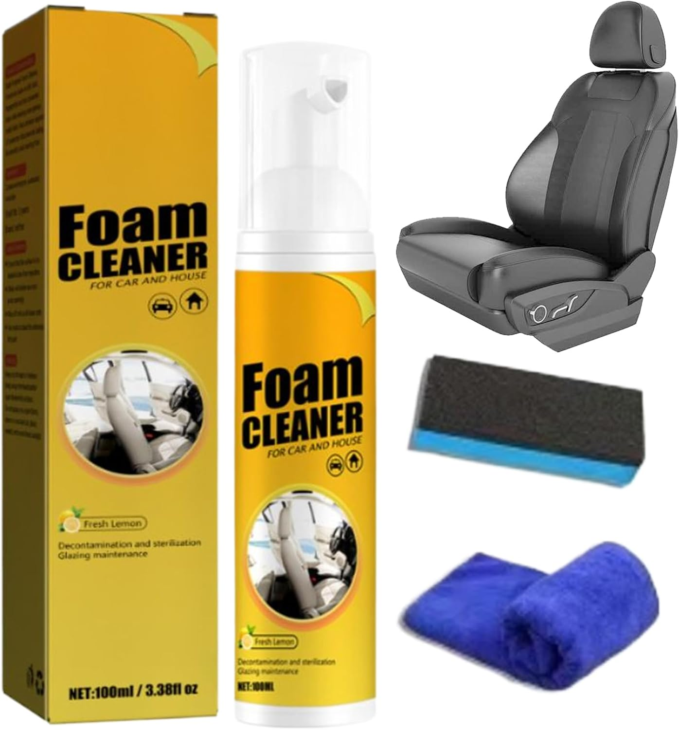 Fbinys Foam Cleaner for Car - Car Steering Wheel Foam Cleaner with Cloth and Sponge,100Ml Automotive Detailing Agent for Central Console Steering Wheel Dashboard Trim Door Upholstery image number 1