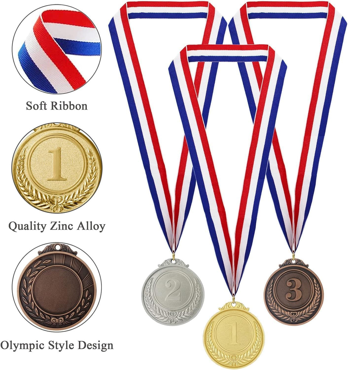 9 Pieces Metal Gold Silver Bronze Medals Award Medals Olympic Style Winner Medals for Children'S Adults Events 1St 2Nd 3Rd Olympic Gold Silver Bronze with Ribbon for Competitions Party Decorations image number 6