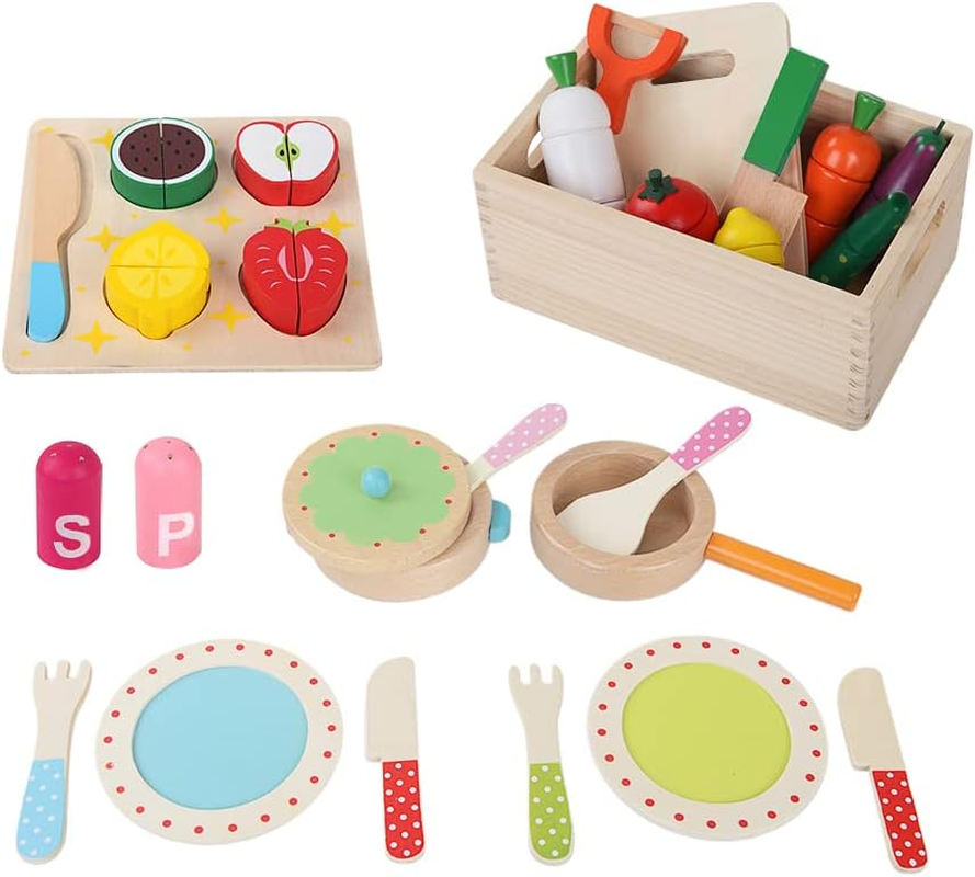 Keezi Kids Kitchen Set 29Pcs Pretend Play Food Playset Wooden Toys Children Cooking Cookware Sets Knife Safe Cutting Veggies Fruits Toy Home Cubby Furniture, Magnetic Connected Multicoloured image number 1
