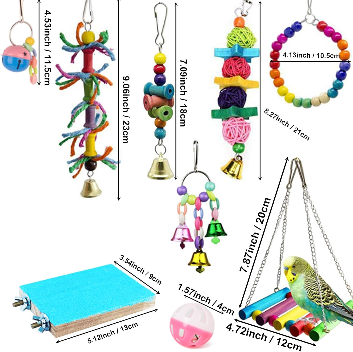 Bird Parrot Toys Set, 10 Pack Swing and Chewing Hanging Perches with Bells, for Lovebird Budgie Cockatiels Macaws Finches image number 1