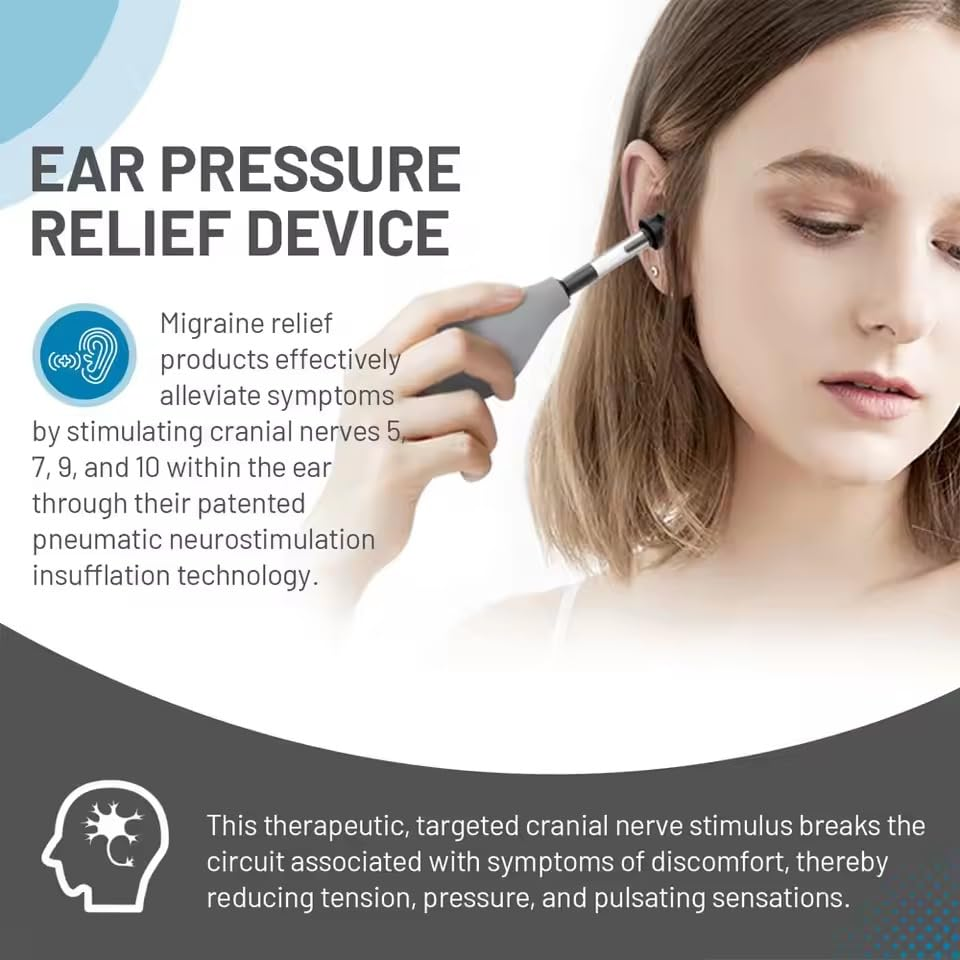 Ear Pressure Relief Suction Device &ndash; Migraine & Headache Relief Tool, Balances Inner Ear Pressure Naturally, Includes 3 Sizes of Soft Earplugs