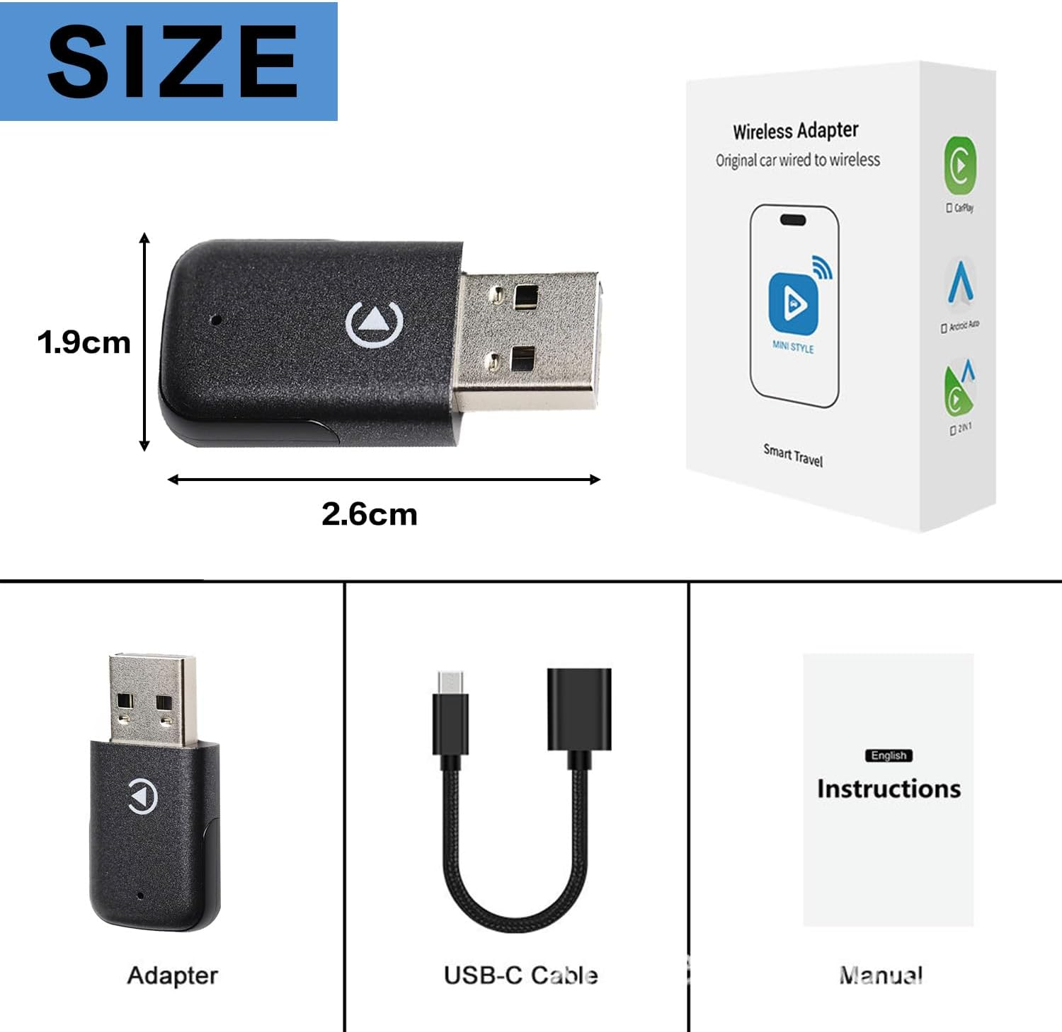 Kaoruo Carplay Adapter for Phone，Wireless Car Play Auto 2-In-1 Adapter，Convert Wired to Wireless Carplay Connector, Mini Size with Extension Usb-C/Type-C