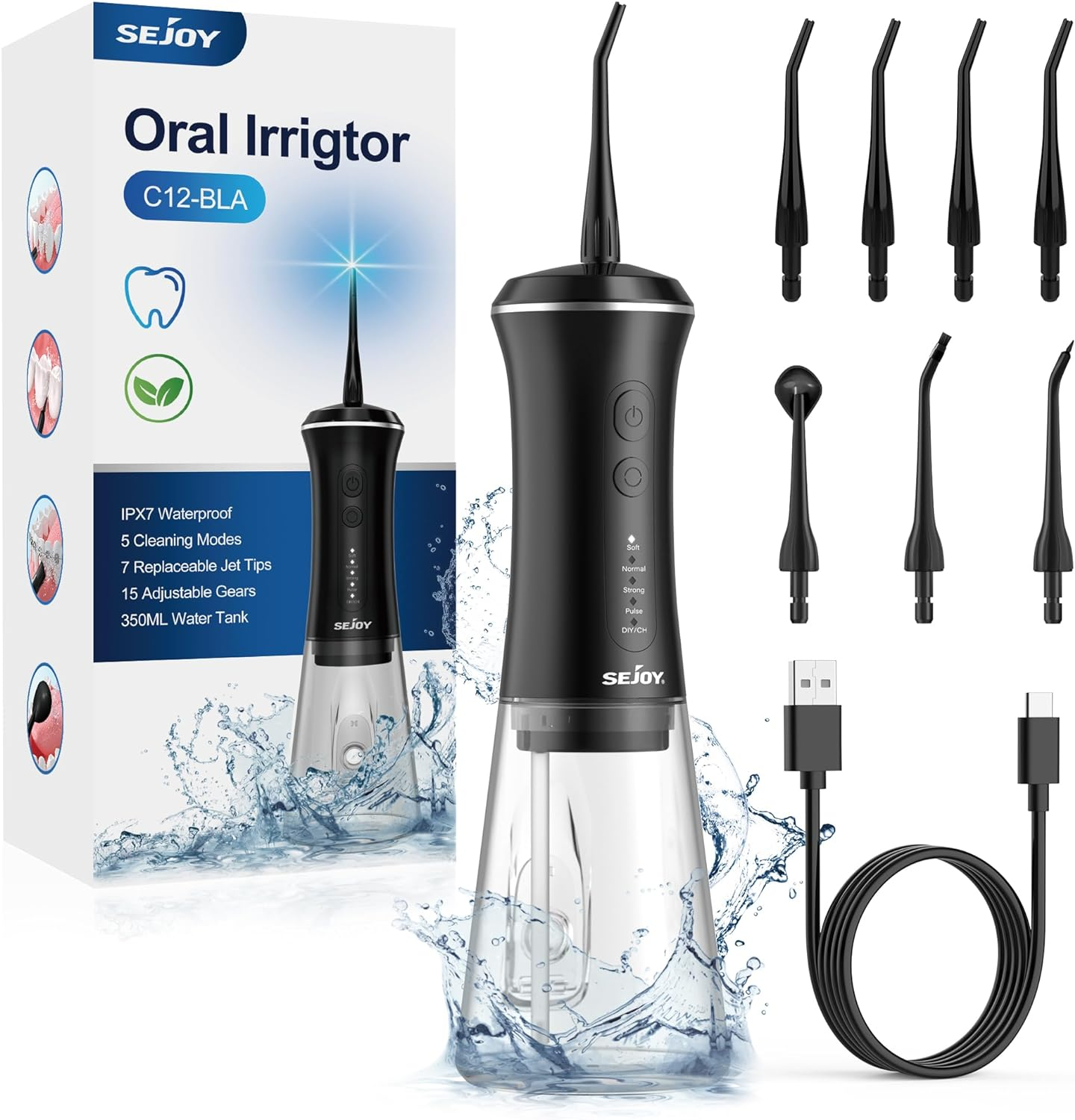 Sejoy Water Dental Flosser Cordless Rechargeable, Water Dental Picks for Teeth Cleaning and Flossing, Electric Oral Irrigator for Braces Kids-Diy Mode 7 Jet Tips, IPX7 Waterproof-For Travel and Home image number 2