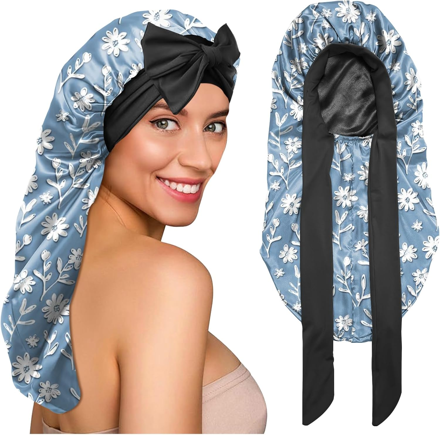 BHAHB Silk Feeling Long Satin Bonnet for Sleeping Adjustable Double Layer Elastic Reusable Long Hair Caps Cute Women Girls