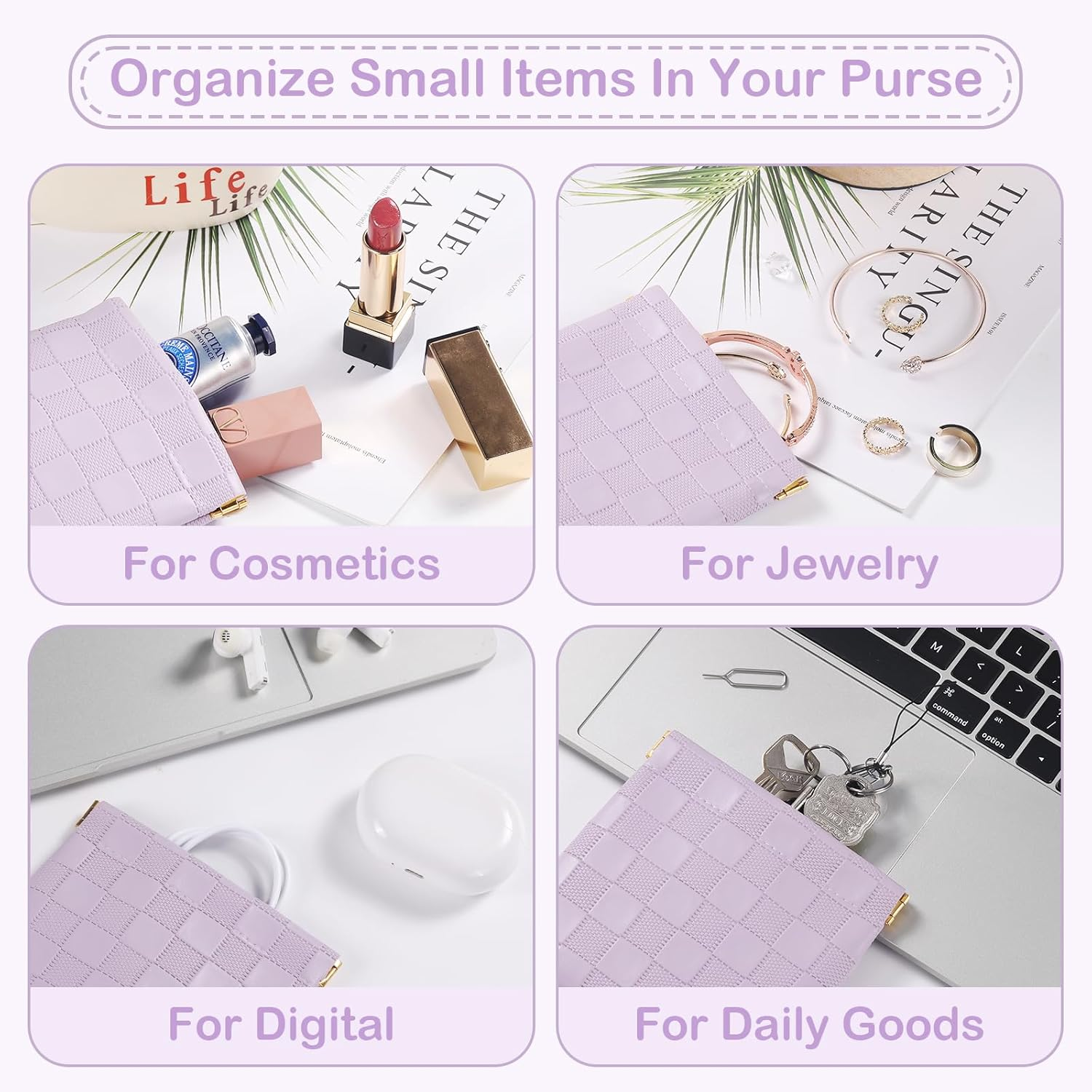 Sightor 2PCS Small Makeup Bag for Purse, Mini Cosmetic Bag Waterproof Pouch for Women, Checkered Purse Self-Closing Small Travel Kit Coin Lipstick Cosmetic Storage Bag, Pink, Purple, Checkered image number 1