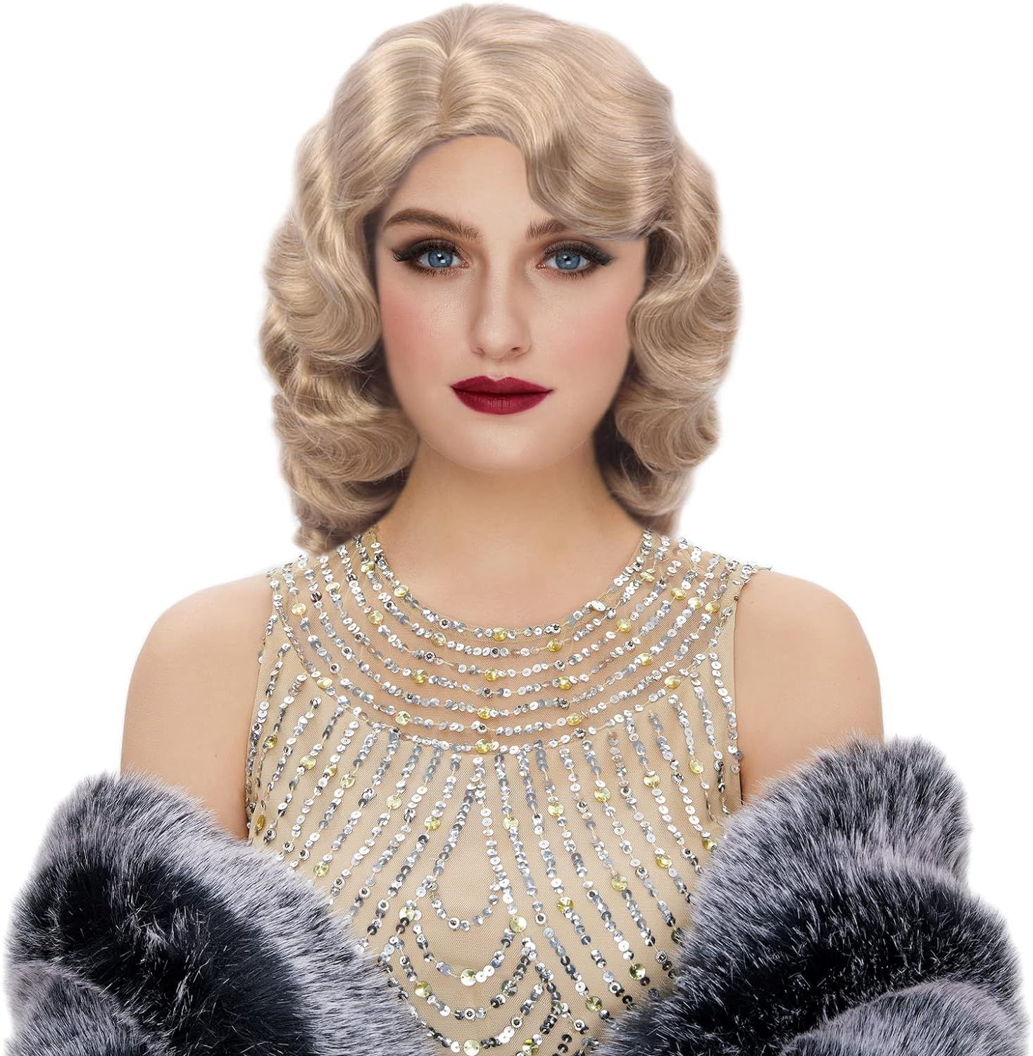 Stfantasy 1920S Brown Retro Finger Wave Wigs Long Curly Natural Wavy Synthetic Wig for Women Daily Costume Party (Black)