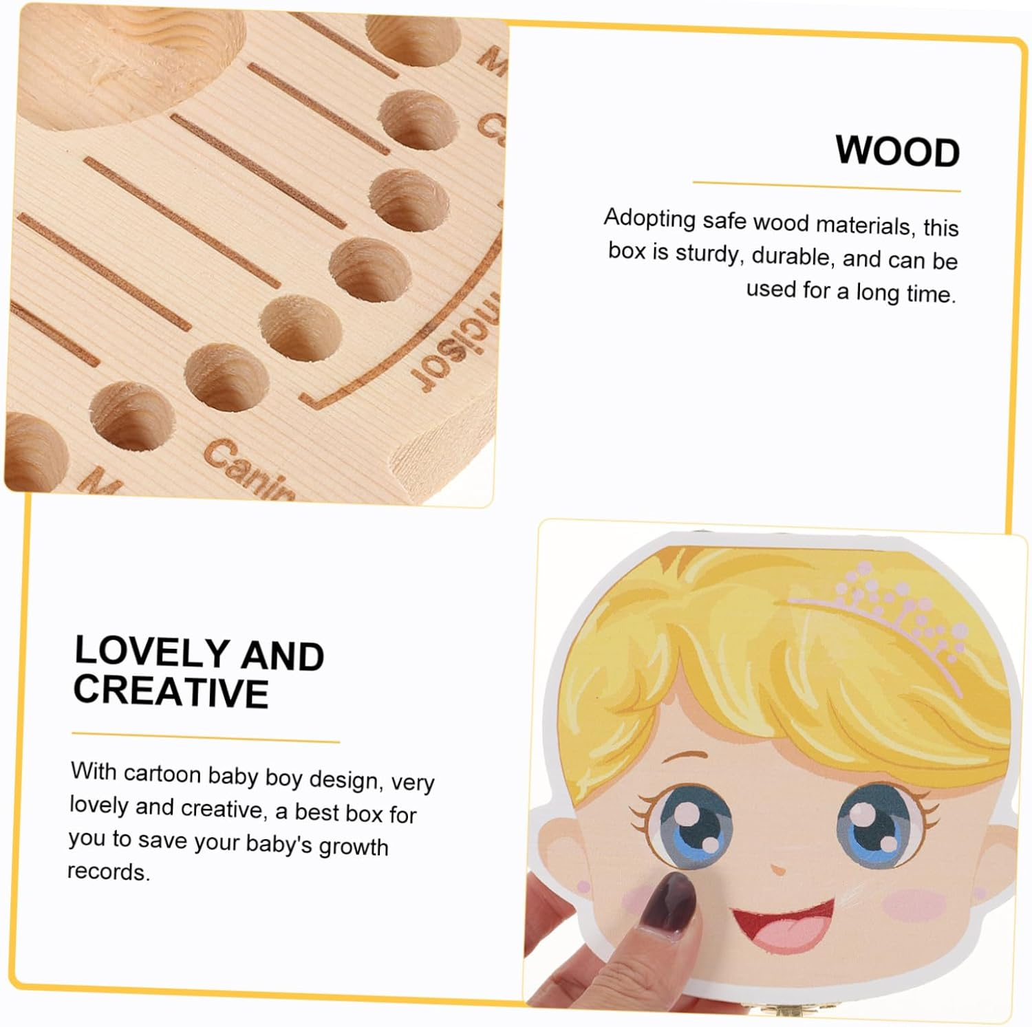 Boy Girl Tooth Organizer Wooden Keepsake Box for Born Cartoon Tooth Storage Case image number 3