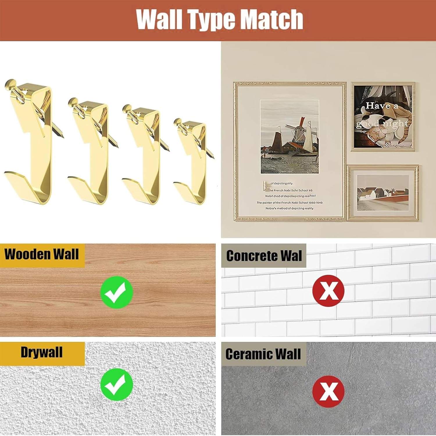 Nlvnmv 246 Pcs Picture Hanging Kit with Hooks, Wire, Nails, Eye Screws, Sawtooth Hangers, Hardware Tool for Frame and Canvas Mounting (Gold) - Silver image number 3