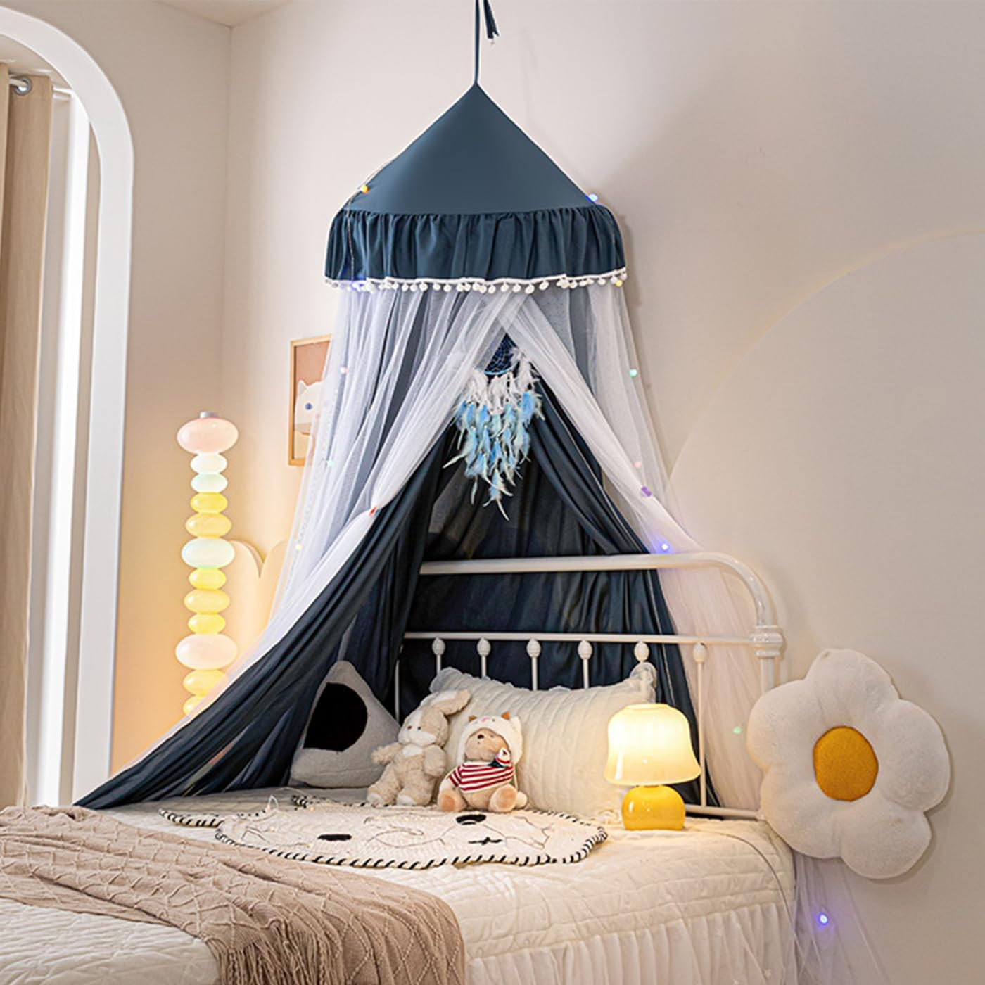 Bed Canopy for Kids Room, Double Layer Mosquito Net with Lights Hanging Play Tent Child Reading Nook round Dome Canopies Princess Castle Dreamy Bedding for Crib Girls Room House D&eacute;cor