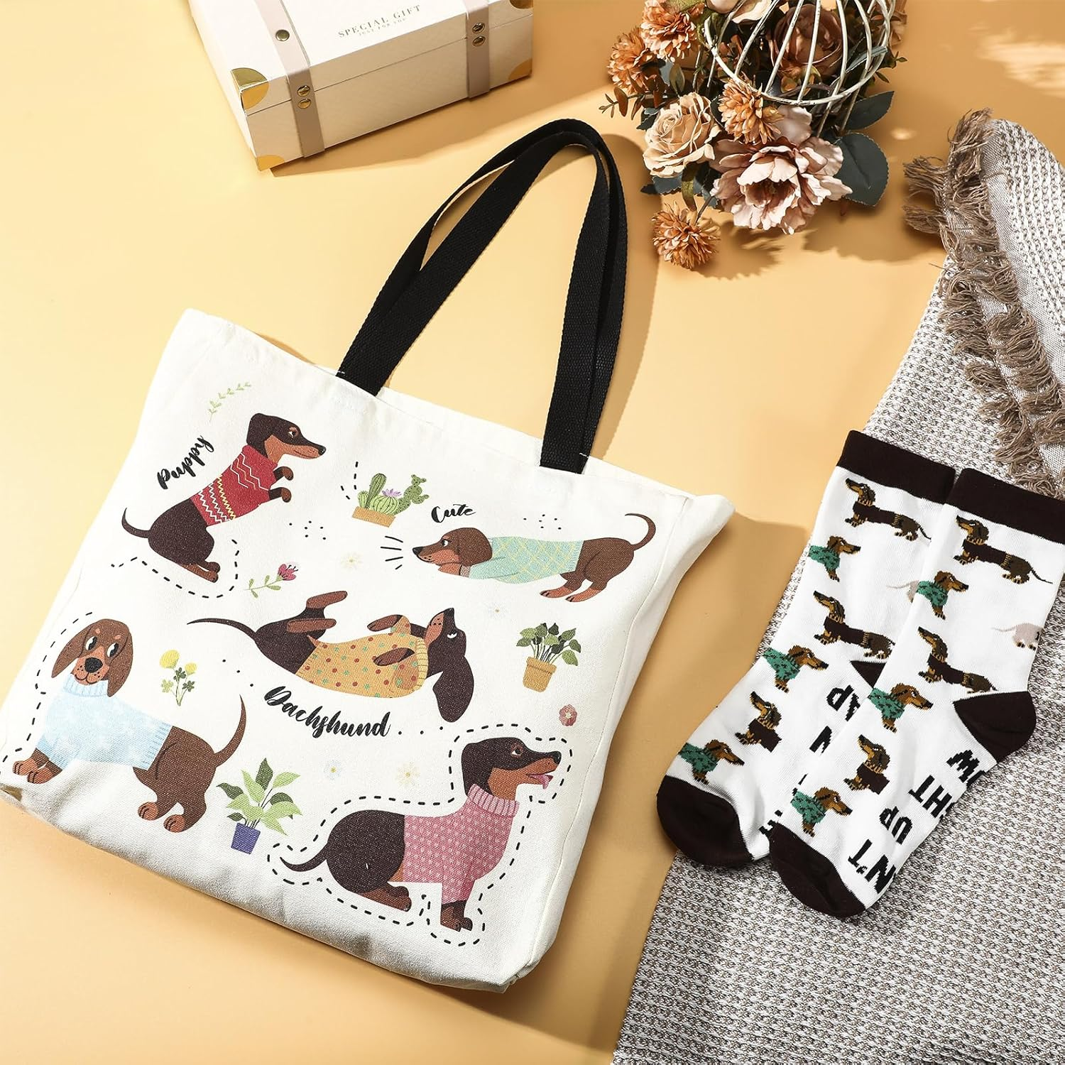 Animal Lover Gifts for Women Animal Themed Gifts for Animal Lovers Valentine'S Day Gift Include Animal Canvas Tote Bag, Makeup Bag, Socks, Keychain, Enamel Mug, Small Figurines(Dachshund) image number 5
