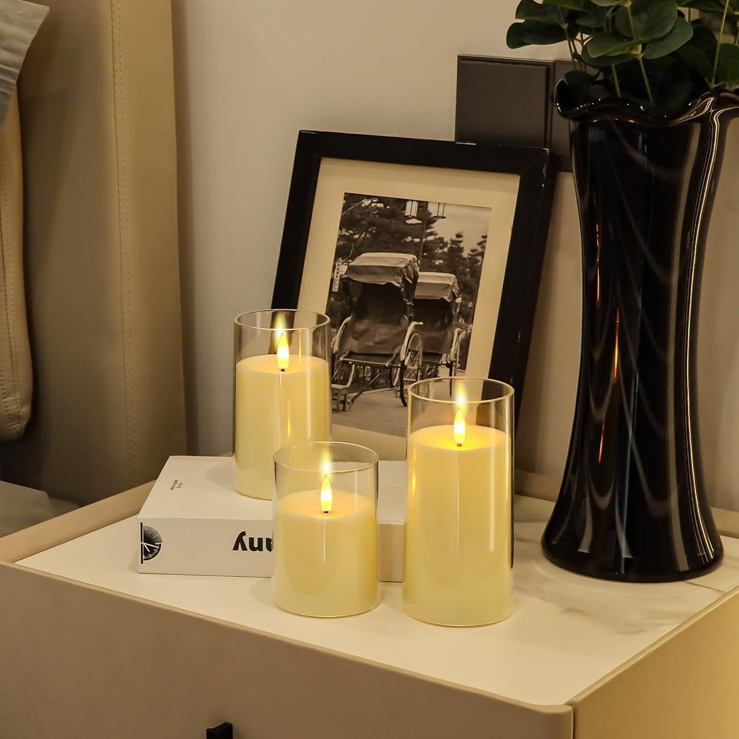 Clear Glass Flameless Candles Battery Operated with Timer, Remote Control, LED Pillar Candles Battery Powered, D3 H4 5" 6", Set of 3 (Ivory White) image number 5