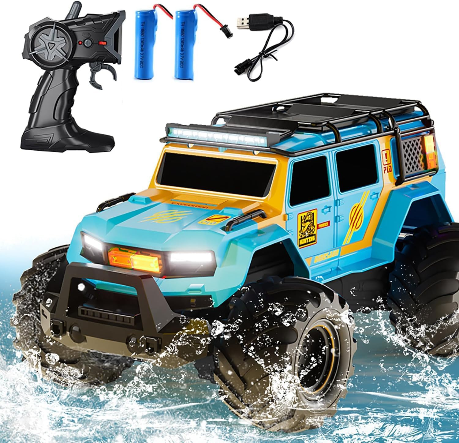 Amphibious Remote Control Car Waterproof Monster RC Cars 4WD All Terrain Off-Road Stunt Vehicle Toys with 2.4 Ghz LED Lights for 6 7 8 9 10 11 12+ Year Old Kids Boys Girls Gifts Presents (Blue)