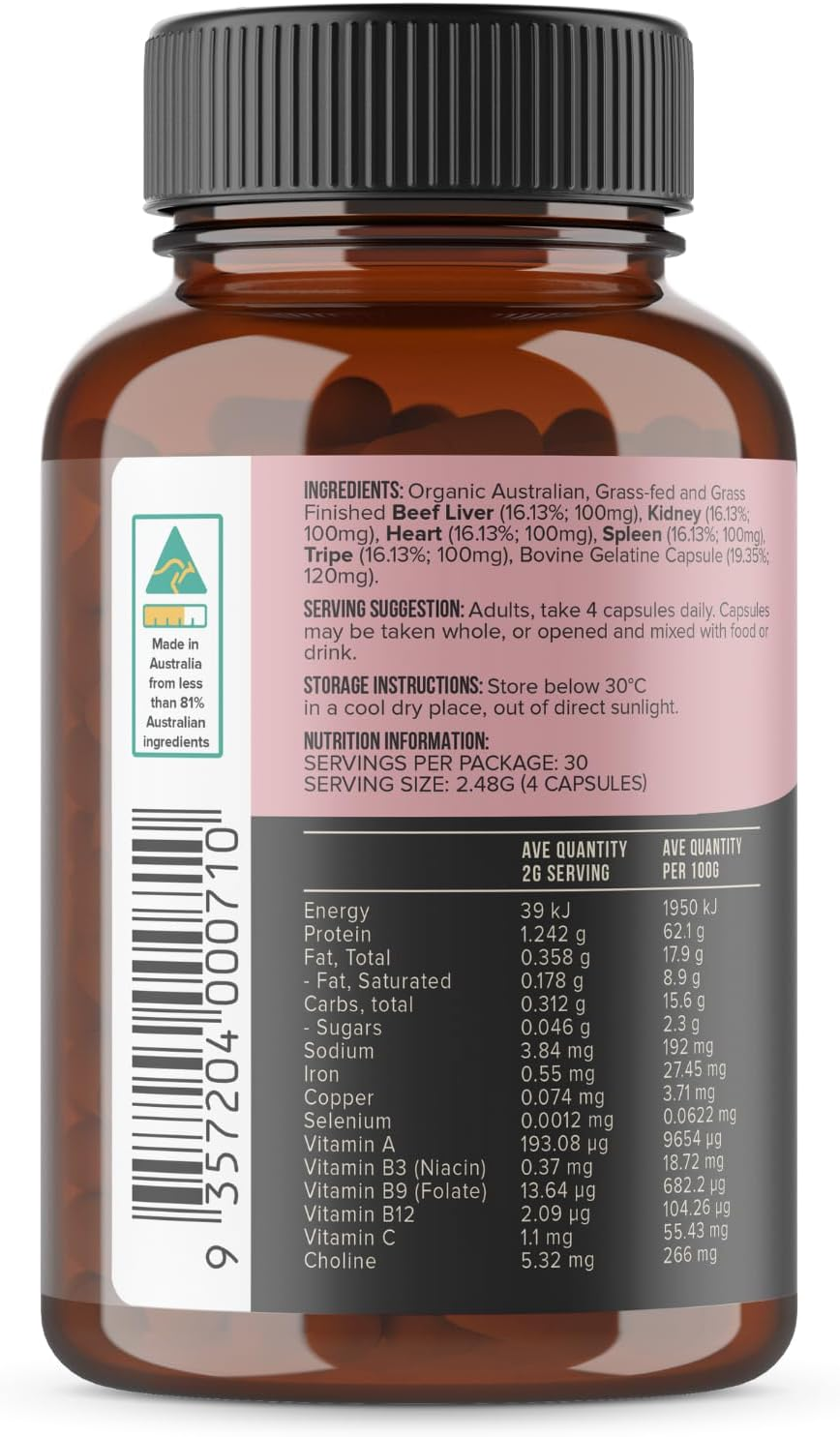 Chief Organic Beef Offal Supplement, Natural Multivitamin, 100% Grass-Fed Aussie Cattle, High in Copper & Heme Iron, No Antibiotics or Hormones, 120 Capsules image number 1