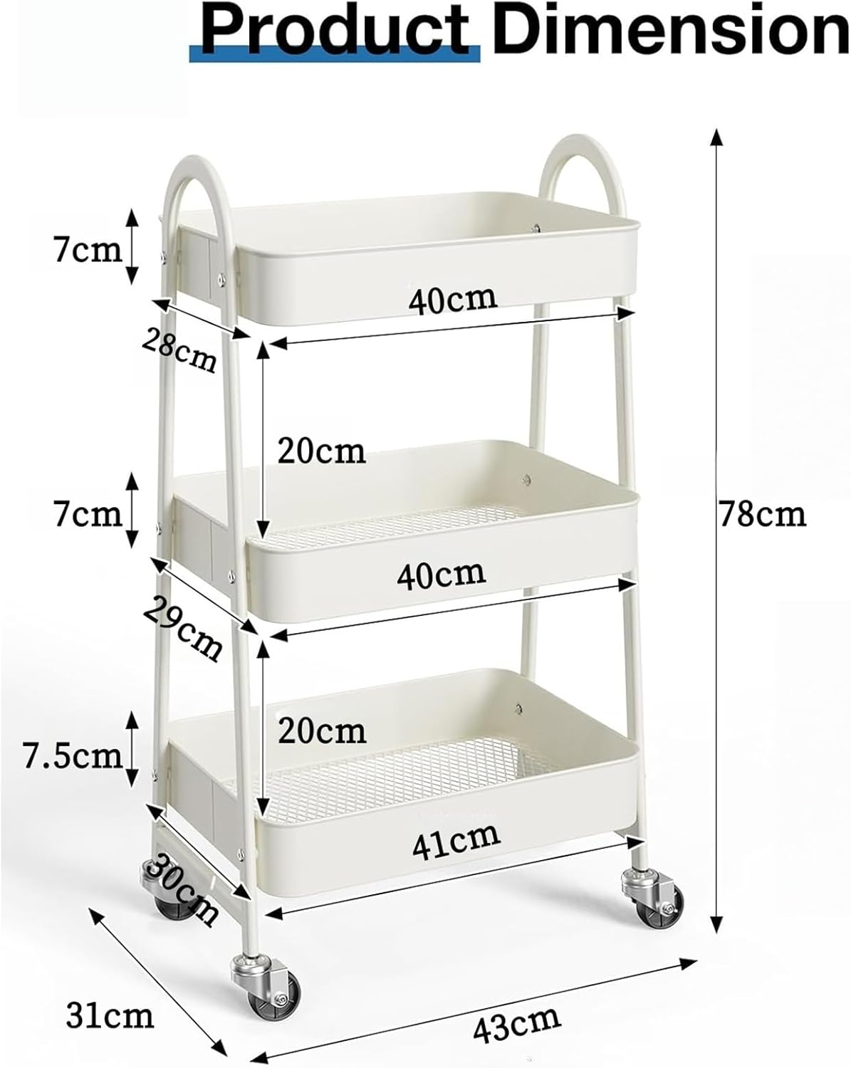3-Tier Metal Rolling Cart with Lockable Caster Wheels - Lightweight Sturdy Utility Storage Organizer for Kitchen, Office, Bathroom, Narrow Places image number 5