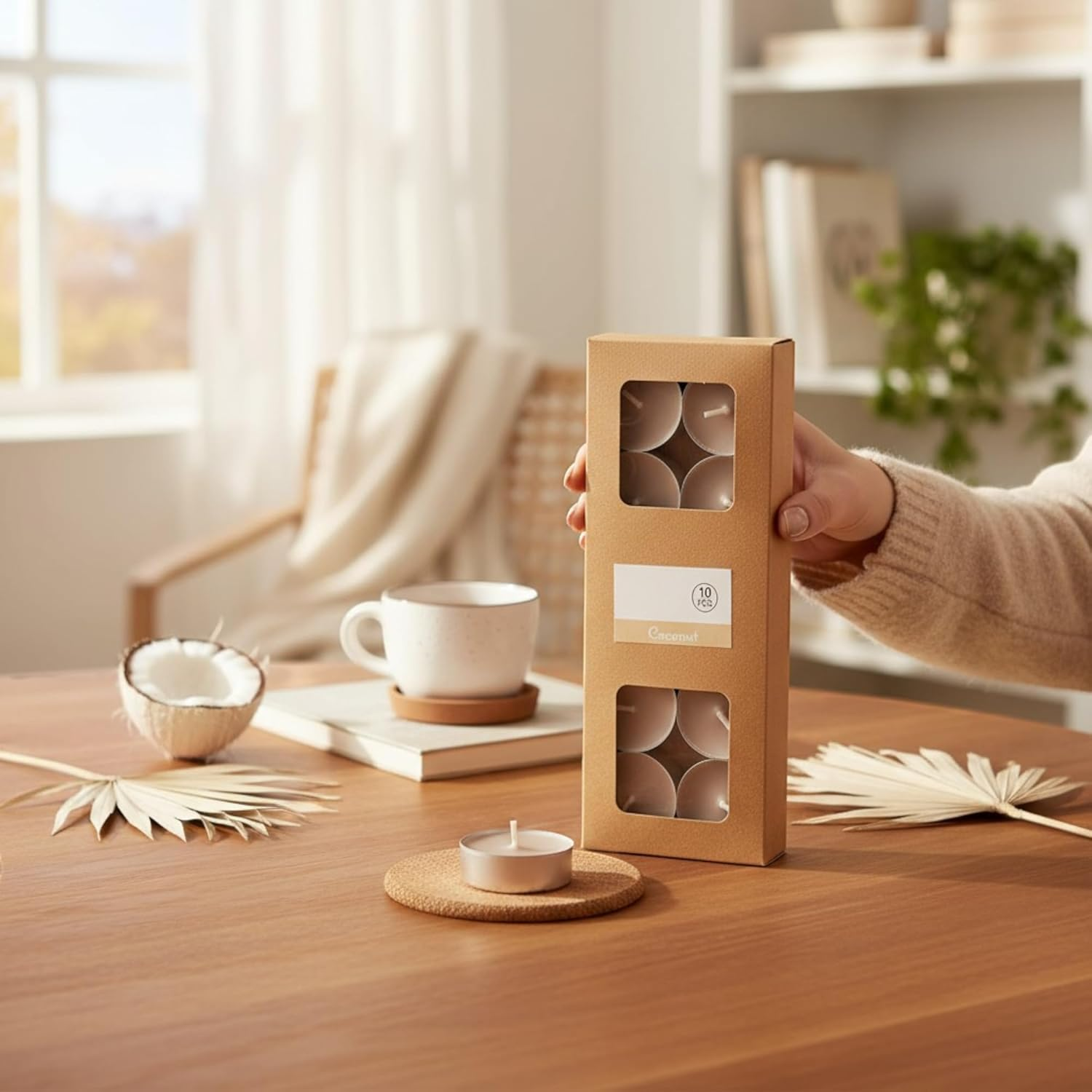 MIJOMA Coloured Tea Lights Pack of 30 - Set of 3 Packs - 4 Hours Burn Time Each - Decorative Candles in Kraft Box - Mood Light for Home & Events (Sand) image number 1