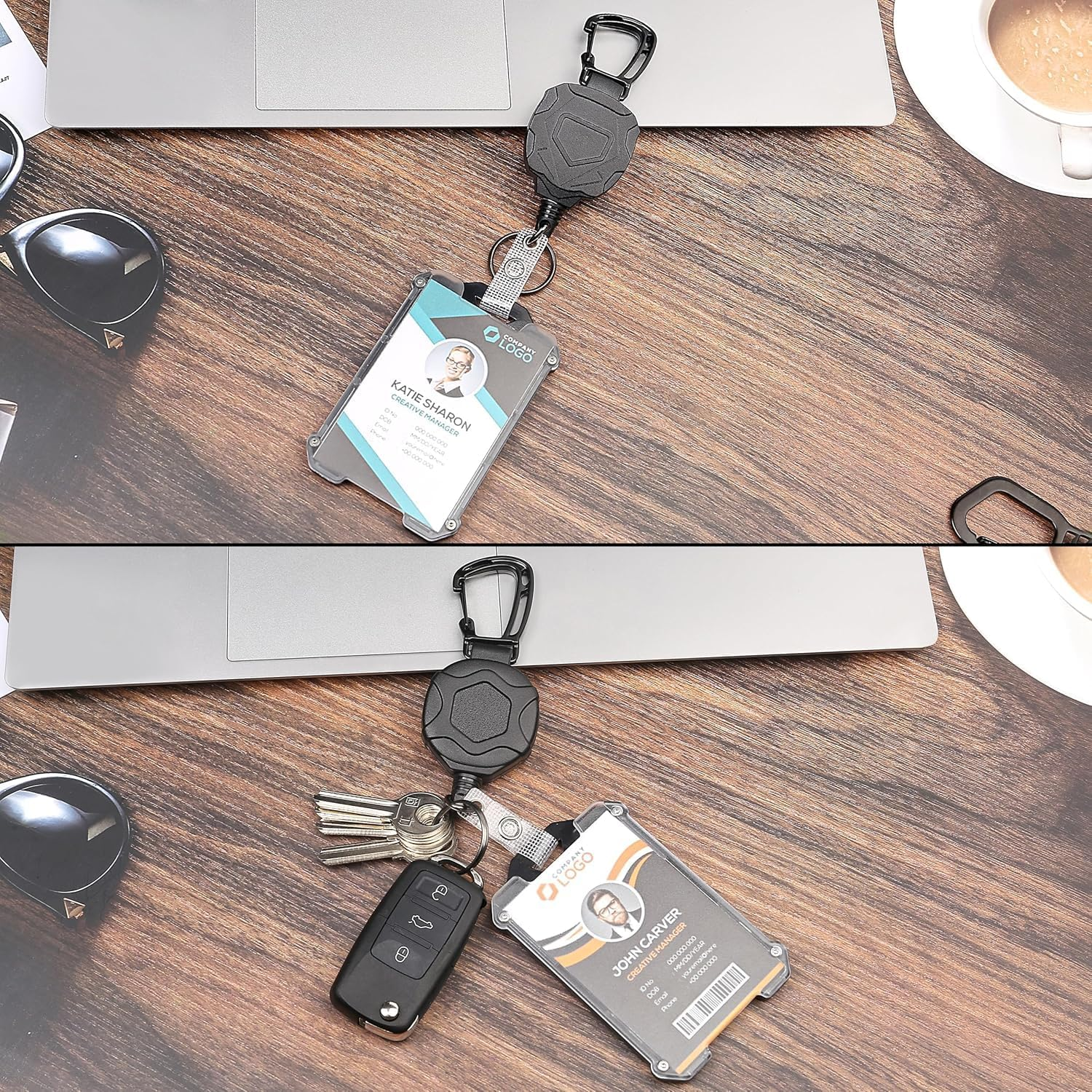 2 Pack Heavy Duty Retractable Badge Reel ID Badge Holder with Breakaway Lanyard Retractable Key Chain Carabiner with ID Cards Holder Cool Tactical ID Holder with Clip image number 1