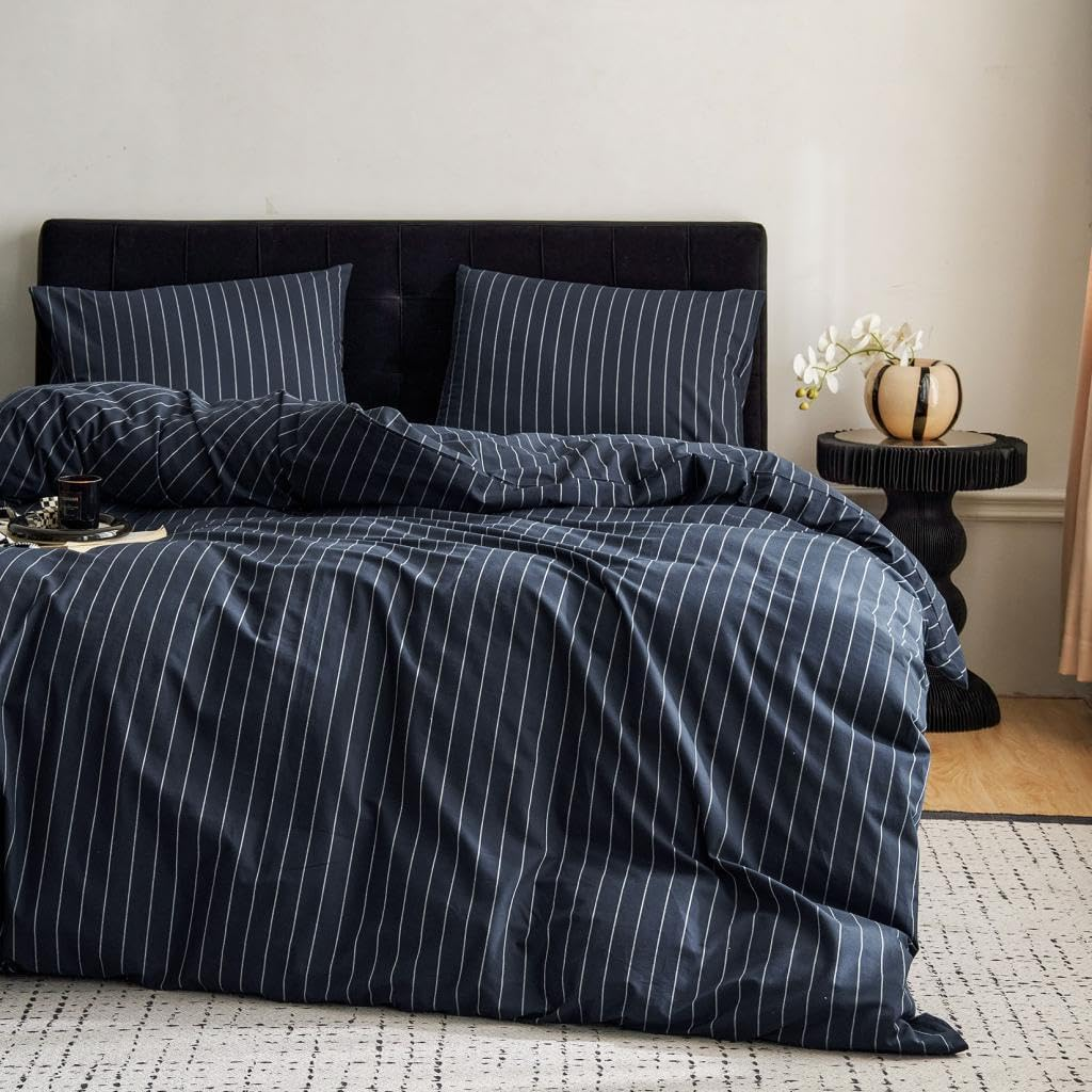 Wake in Cloud - Cotton Quilt Cover Set, 100% Washed Cotton Doona Duvet Cover Bedding Set, 3 Pieces, Pinstripe Navy Blue, Queen Size image number 7