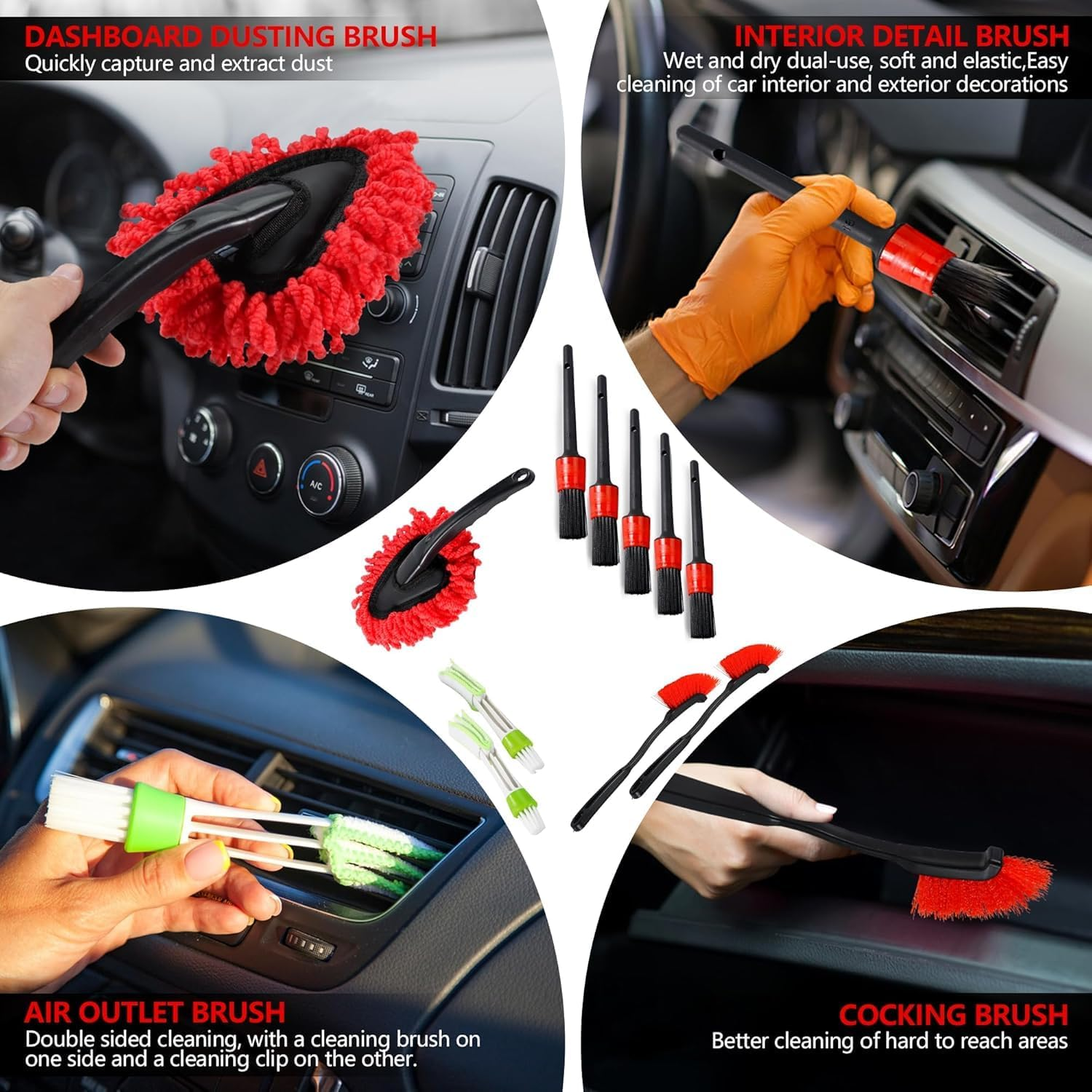 35Pcs Car Detailing Kit, Drill Brush Attachments with Detailing Brush Set and Tools Box, Red Auto Cleaning Kit Interior for Wheels, Dashboard, Windows
