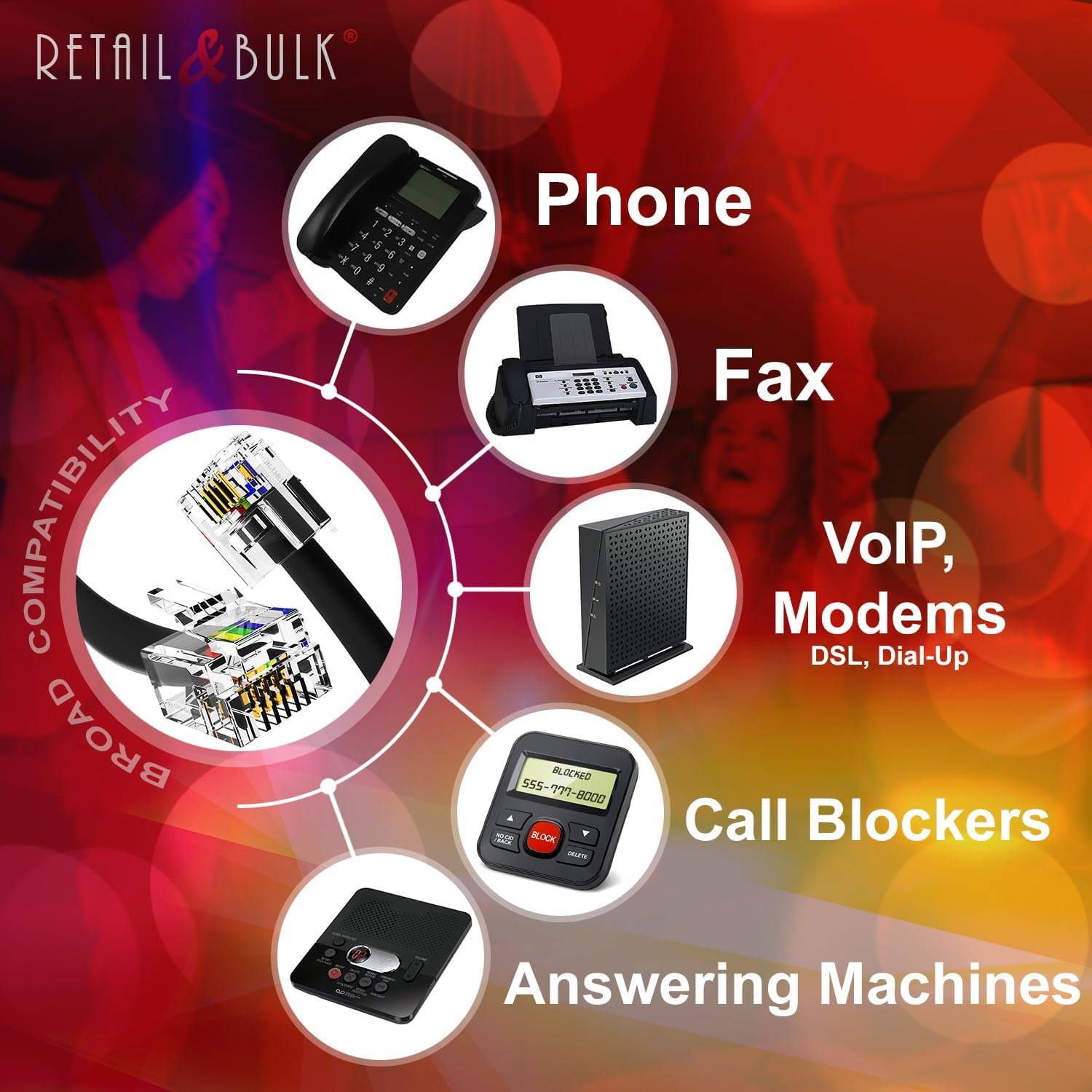 12 Inch Premium Quality Telephone Cable, RJ11 Male to Male 6P4C Phone Line Cord. Made in USA by Retail&Bulk (Black) image number 5