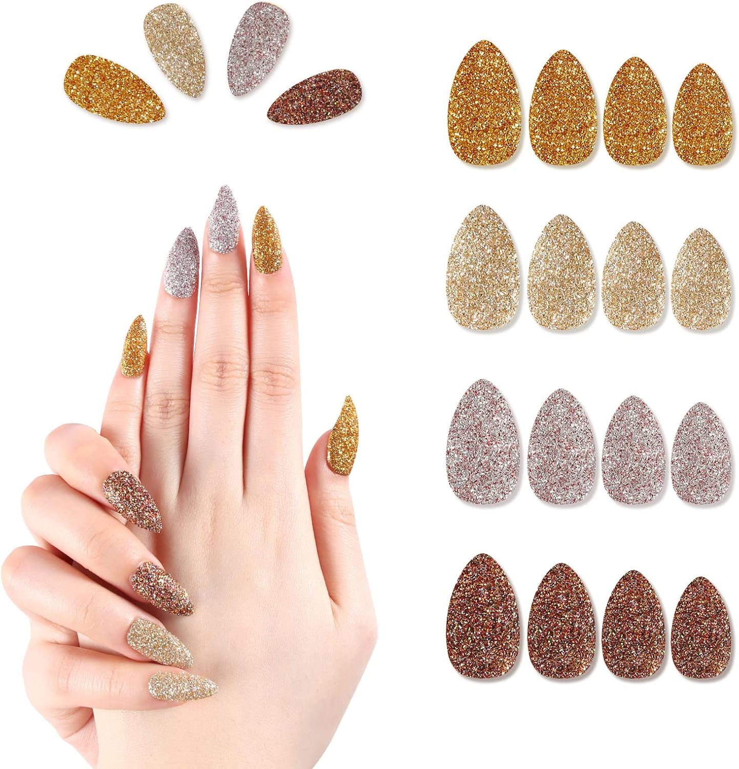 96Pcs Stiletto Fake Nails Full Cover Chrome Powder Glitter Bling Flakes Sequins Medium Length False Acrylic Nail Kits（Gold and Silver Glitter Series） image number 3