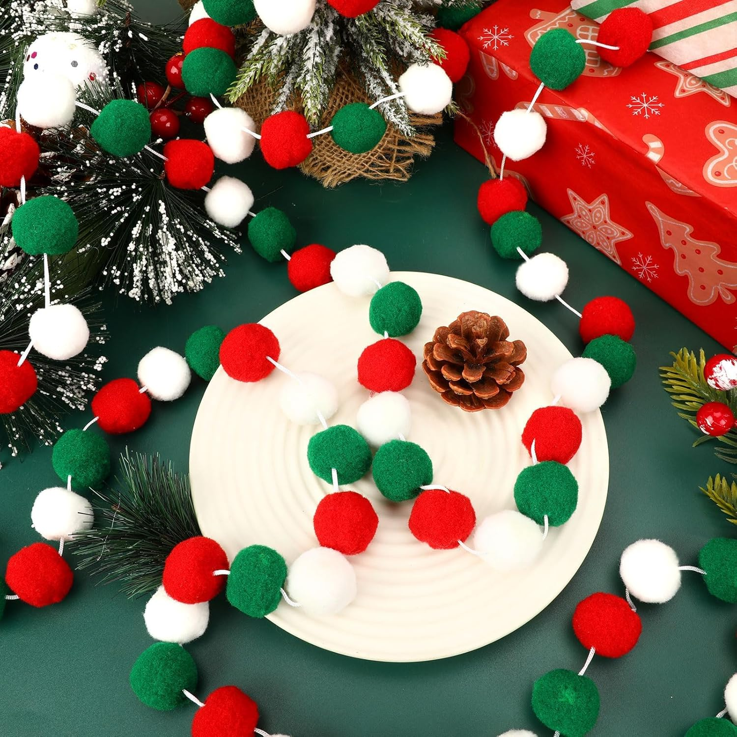 MARFOREVER 4 Pack 26.3 Feet Christmas Pom Pom Garland Ornaments Red White Green 30 Balls Garlands Christmas Felt Garland Hanging Supplies for Xmas School Classroom Fireplace Wall Home Party Decor image number 6