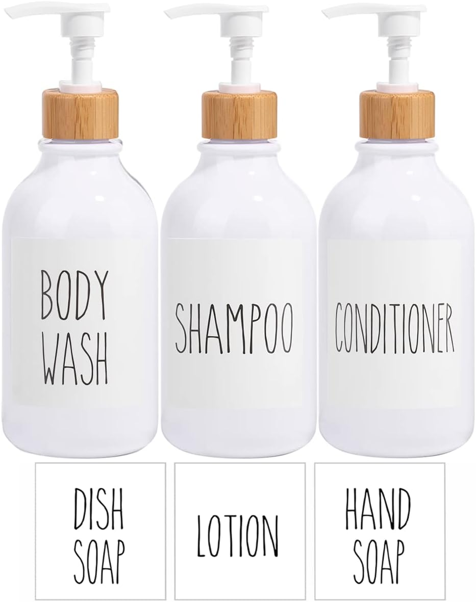 Shampoo and Conditioner Dispenser-Set of 3-16 Oz Reusable Pump Bottle Dispenser for Bathroom with 6 Waterproof Stickers - Empty Plastic Refillable Containers for Shower (Clear)