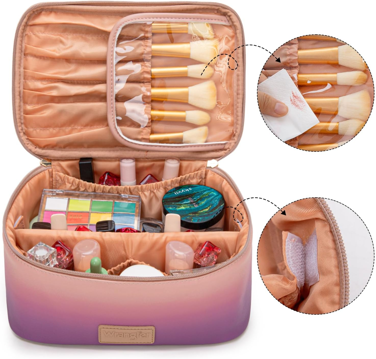 Montana West X Wrangler Travel Makeup Bag 2Pcs Set Large Cosmetic Bag with Makeup Brush Holder Portable Make up Organizer Toiletry Bag with Divider and Handle for Women, Purple, Large