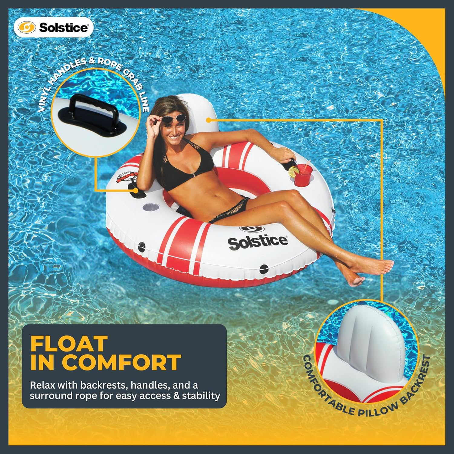 Solstice Super Chill Inflatable River Raft Float Tube 1 Person with Molded Cupholders, Mesh Bottom, Backrest, Grab Handles Tie on Rope | for Rivers Lake Ocean Pool Floating Snow Heavy Duty Material