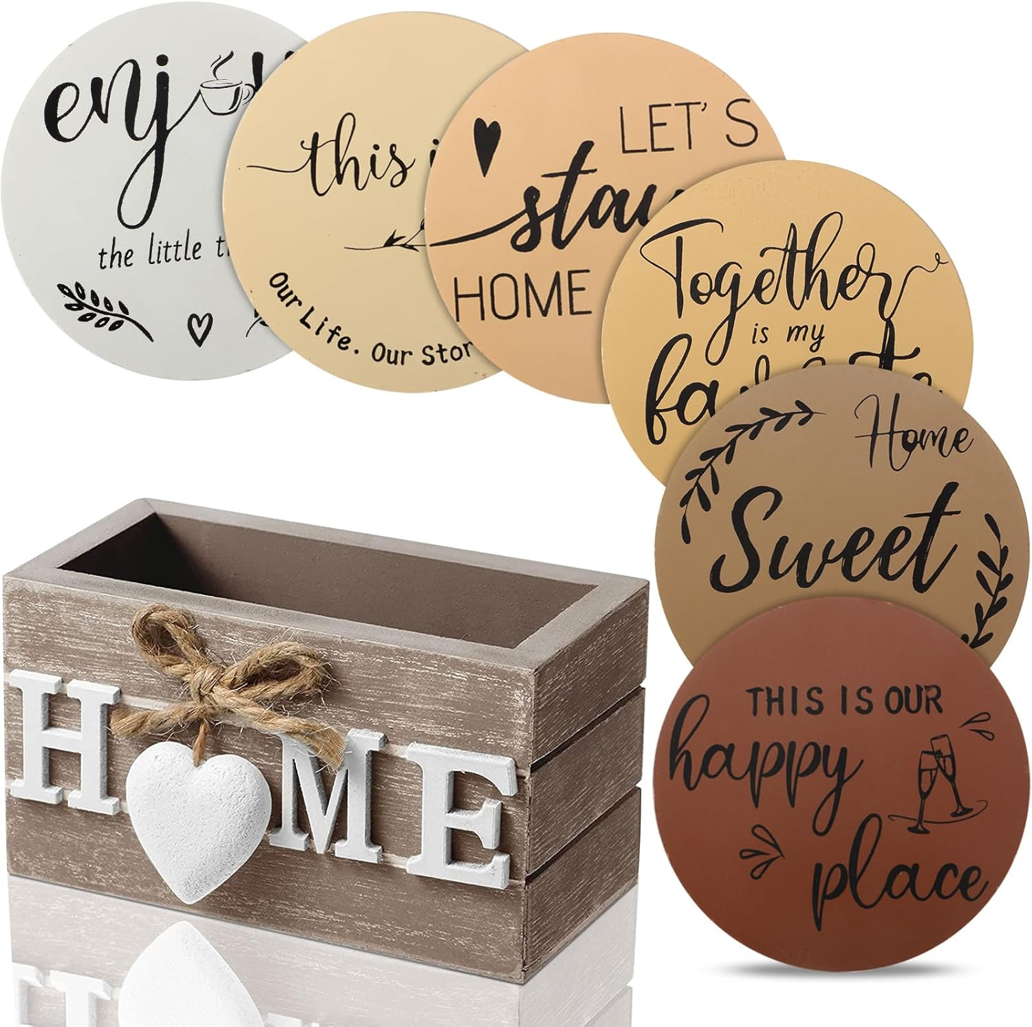 Queekay Housewarming Gifts for Home Decoration Wooden Heart Coasters Drinks Set of 6 Farmhouse with Holder Funny Family Friend Coffee Table Protection, 4 Inch (Brown) (Bd-Queekay-272681)