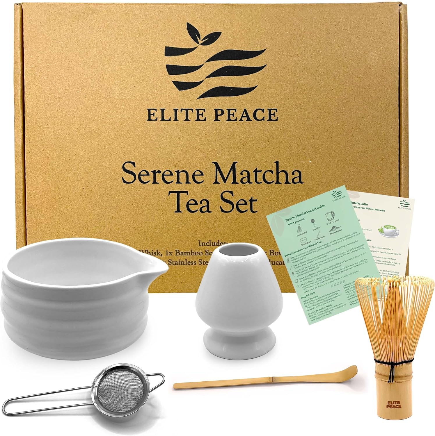 5-Piece Matcha Whisk Set - Bamboo Whisk Ceramic Matcha Bowl with Spout Stainless Steel Tea Sifter Scoop Whisk Holder & 2 Educational Cards - White Matcha Kit image number 2