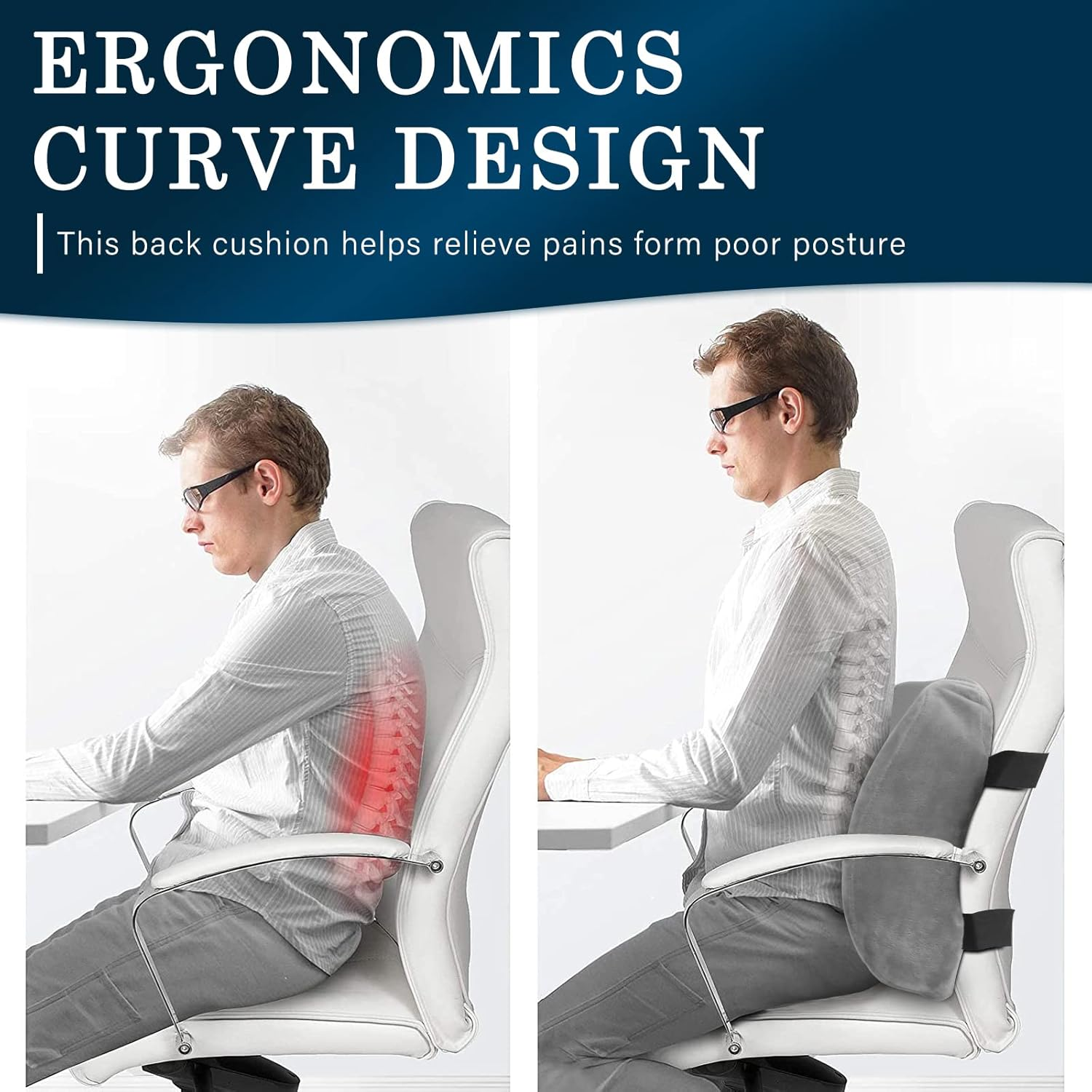 EDIMENS Memory Foam Coccyx Seat Cushion for Office Chair，Gel Office Chair Seat Cushion for Desk Chairs, Sciatica Car Seat Cushion for Back Coccyx Tailbone Comfortable (Back Cushion Gray) image number 2