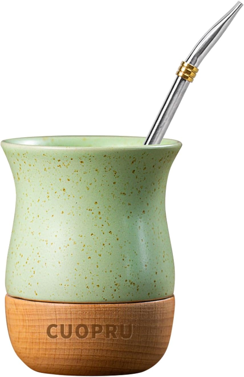 8 OZ Ceramic Yerba Mate Cup with Original Wood Base, Includes Mate Gourd, Bombilla Straw and Cleaning Brush - Perfect for Traditional Yerba Mate and Modern Style Drinking Mug (Blue)