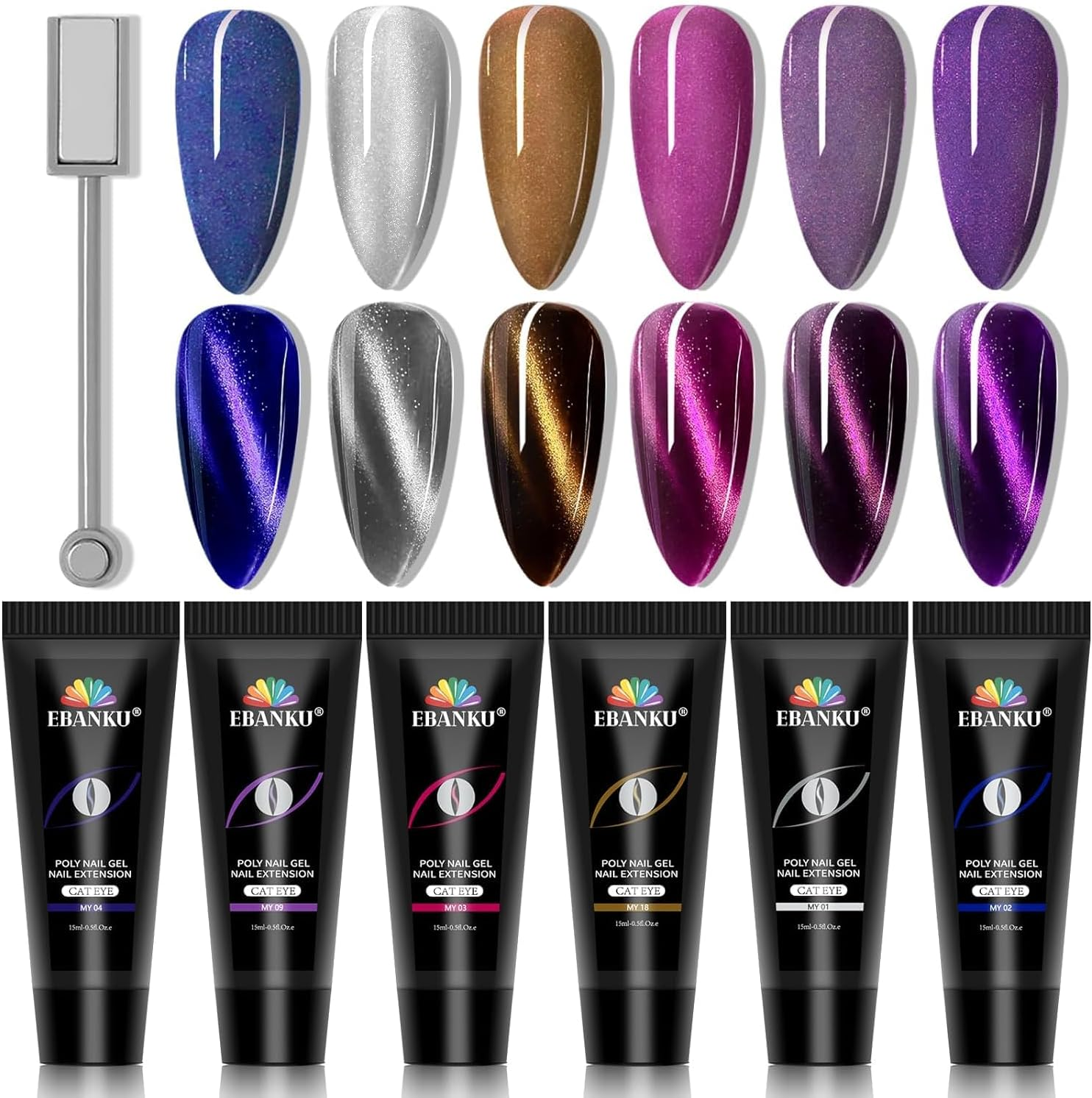 EBANKU 6 Color Poly Nails Extension Cat Eye Glitter Poly Gel Nail Kit - Purple, Silver, DIY Salon at Home