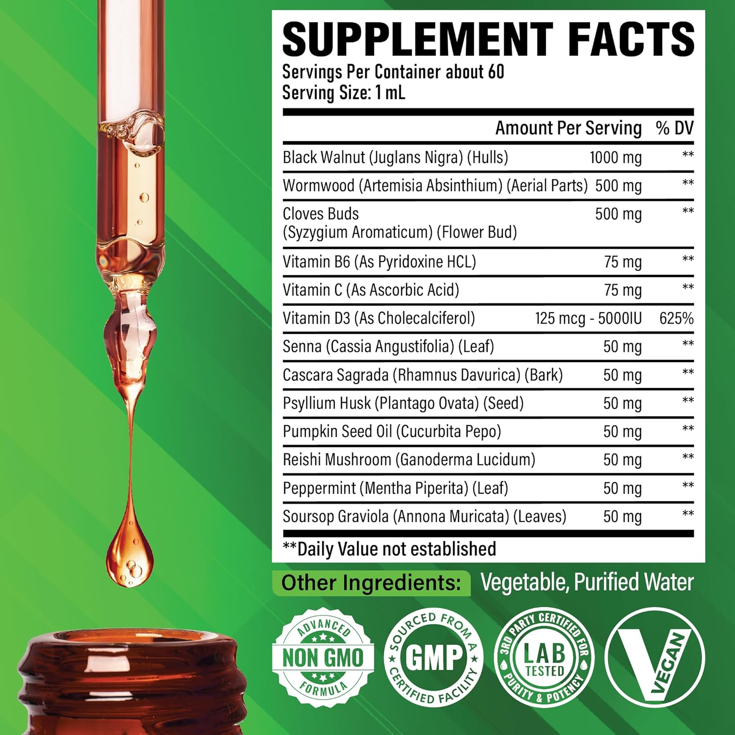 SATOOMI 13In1 Black Walnut Liquid Drops with Wormwood, Cloves, Vitamin B6, Vitamin C, Vitamin D, Senna, Cascara Sagrada and 5 More - 2 Fl Oz for 60 Days - Berry Mix Flavor image number 3