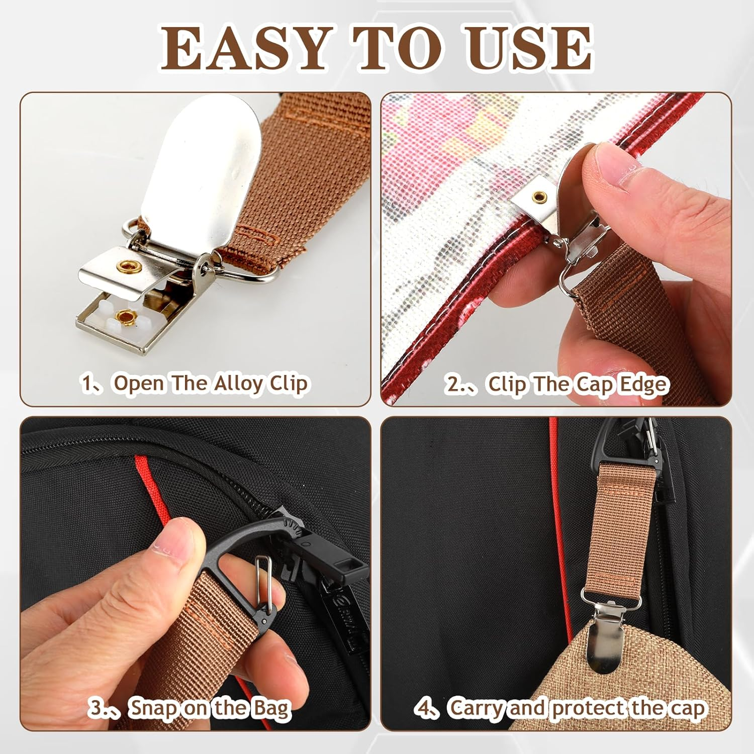 Mabor 4Pcs Hat Clips for Travel on Bag,Hat Clip,Hands-Free Quick Access & Removal,Travel Accessories,Outdoor Bags, Backpacks, Purses,Beach Hat Totes for Women Girls Beach, Black, White, Khaki, Silver image number 5