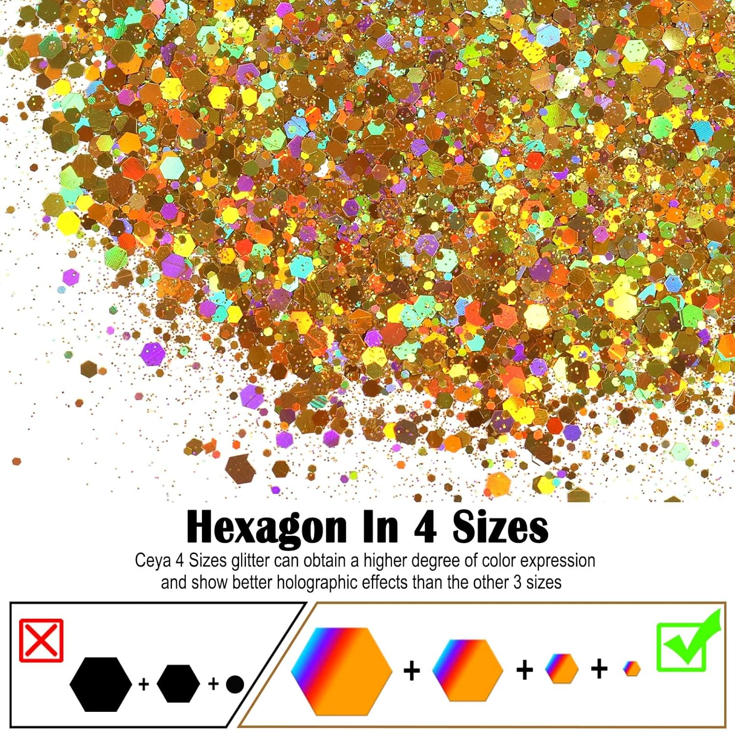 Ceya Holographic Chunky Glitter, 4.9Oz/ 140G Gold Craft Glitter Powder Mixed Chunky & Fine Flakes Iridescent Nail Sequins for Nail Art, Hair, Epoxy Resin, Tumblers, Slime, Painting, Festival Decor - Gold image number 2