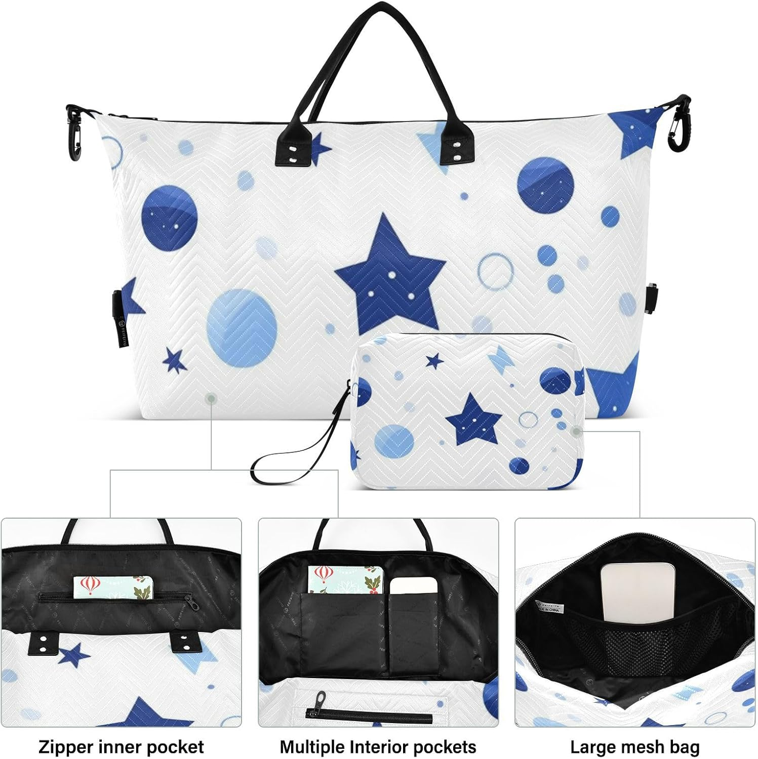 Blue Star Dots Travel Tote Bag Weekender Overnight Bag Workout Bag with Toiletry Bag for Hiking Waterproof, Blue Star Dots, 1 Size image number 1