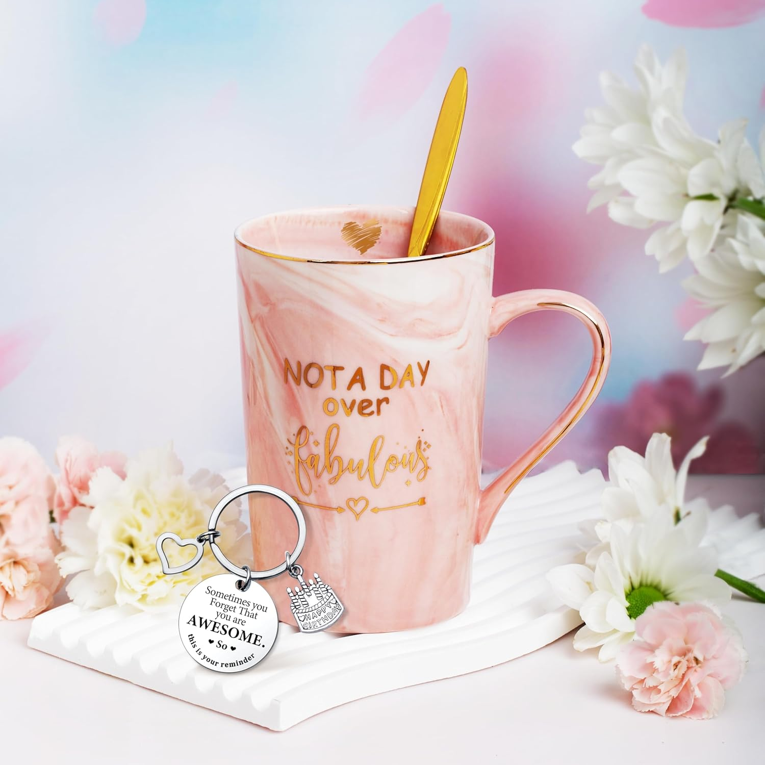 Happy Birthday Spa Gift Baskets W/14 OZ Ceramic Marble Mug Makeup Bag Care Package for Mom Wife Sister Best Friend Her Daughter image number 1