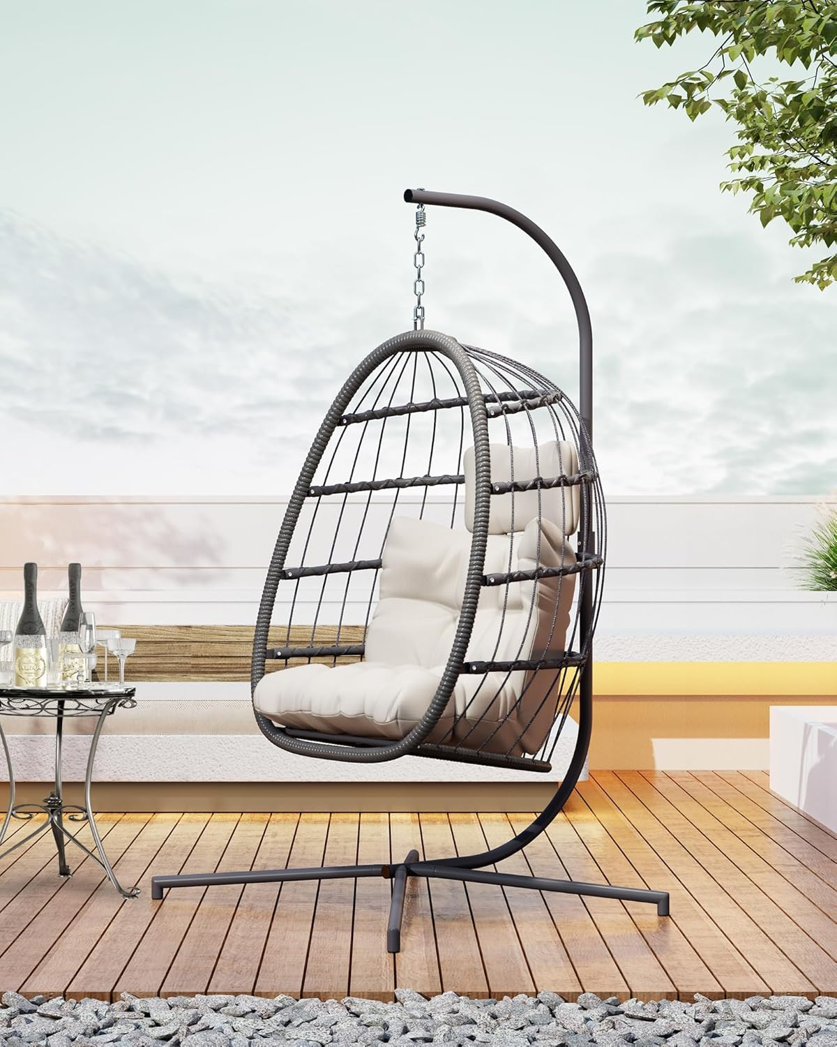 Dystler Hanging Egg Chair with Stand, Patio Wicker Egg Swing Chair with Cushion for Bedroom Garden Indoor Outdoor (Beige) image number 5