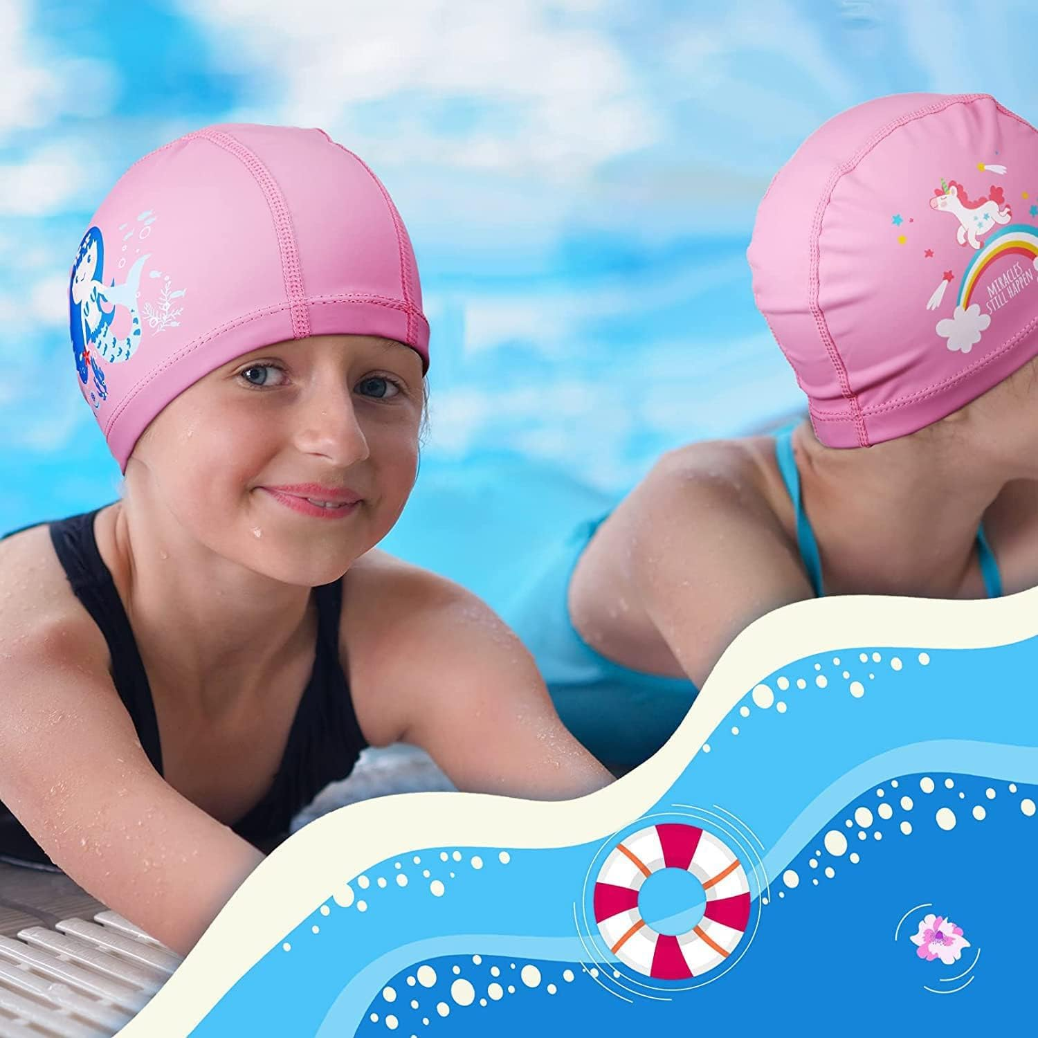 2 Pieces Swimming Cap Kids, Swim Cap Kids Long Hair, Waterproof Polyester Bonnet De Bain for Kid, Cartoon Mermaid Unicorn Kid Swim Cap, Kids Swimming Caps for Aged 2-12 Girls Teens image number 6