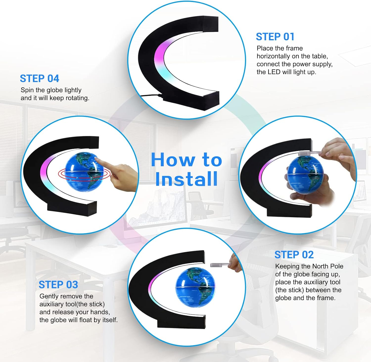 Flagest Magnetic Levitation Floating Globe, Levitating C Shape Globe with LED Lights for Educational Home Office Desk Bookshelf Decor, Birthday Holiday Chirstmas Creative Gift (Globe Diameter 3.3 Inches）