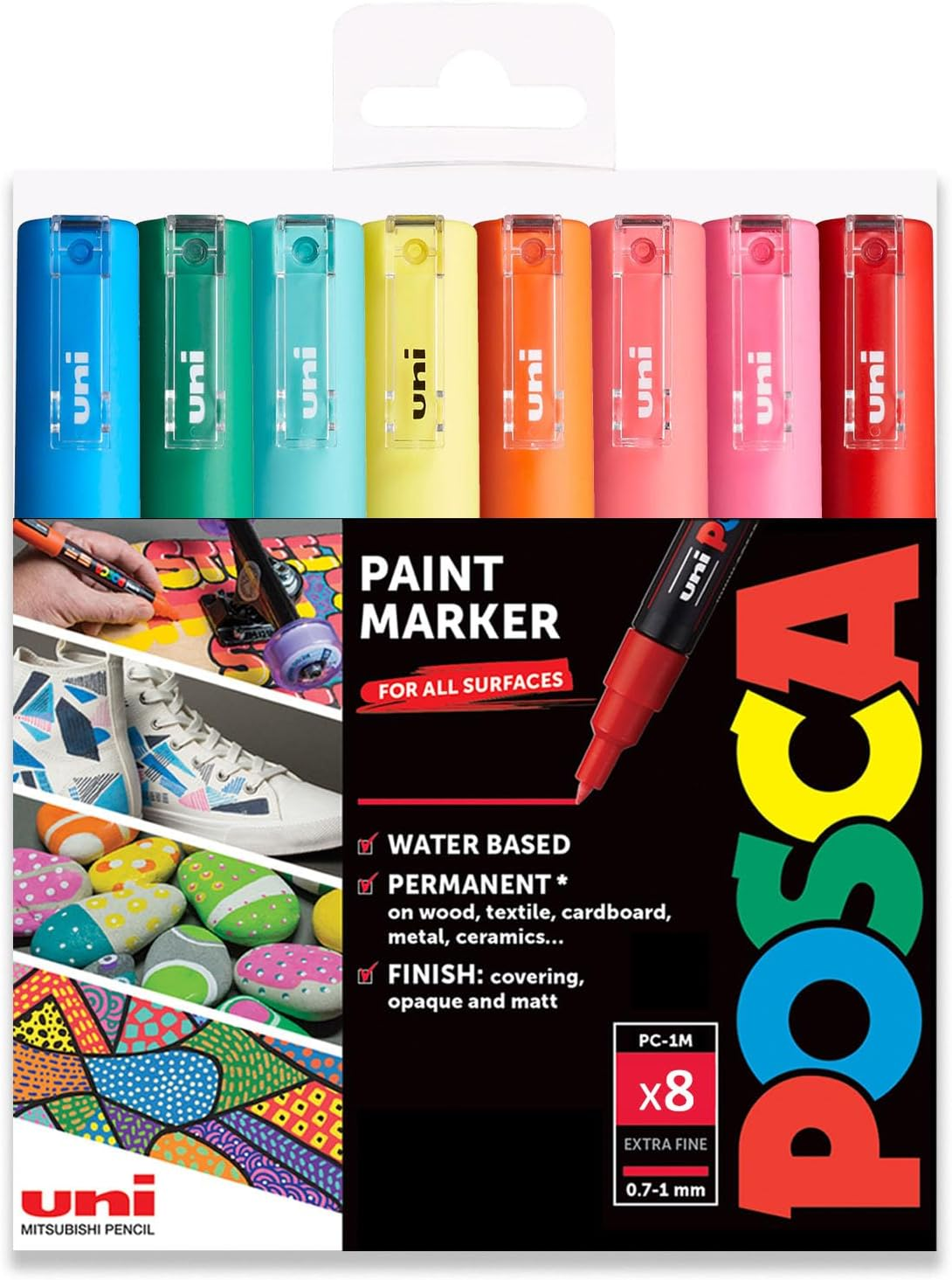 Posca Water Based Permanent Marker Paint Pen - Multi Surface Use - PC-1M, 0.7-1.0Mm Extra Fine - Set of 8 in Gift Wallet - Pastel Tones