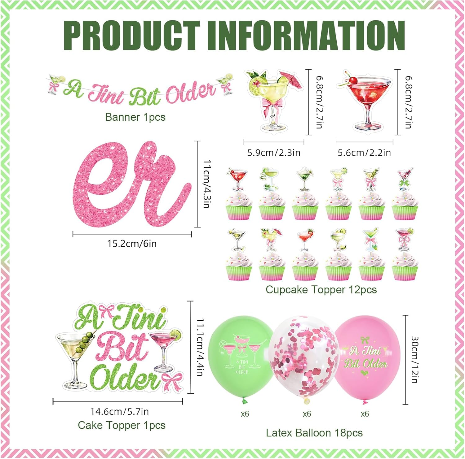Xugoox 32Pcs Martini Bow Birthday Party Decorations, Green Pink Glitter a Tini Bit Older Banner Cake Topper Balloons for Girls Women, Martinis Party Decor for Birthday Bachelorette Party Supplies image number 1