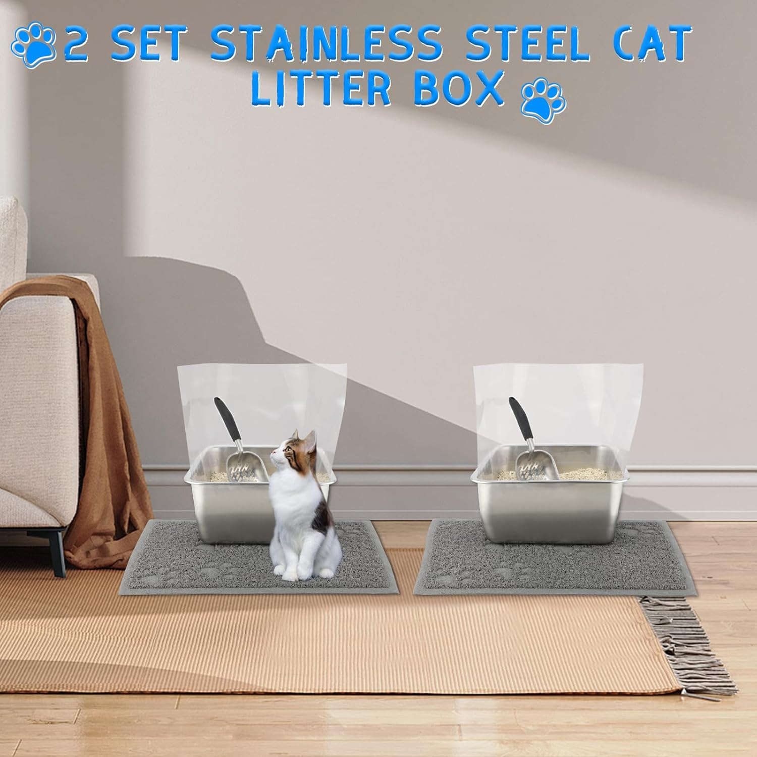 YUEPET 2 Sets Stainless Steel Cat Litter Box with High Sides, Durable Metal Cat Litter Basin Pan Easy to Clean Cat Litter Tray for Odor Control with Cat Litter Scoops Cat Litter Mats 17.5"X13.6"X6" image number 5