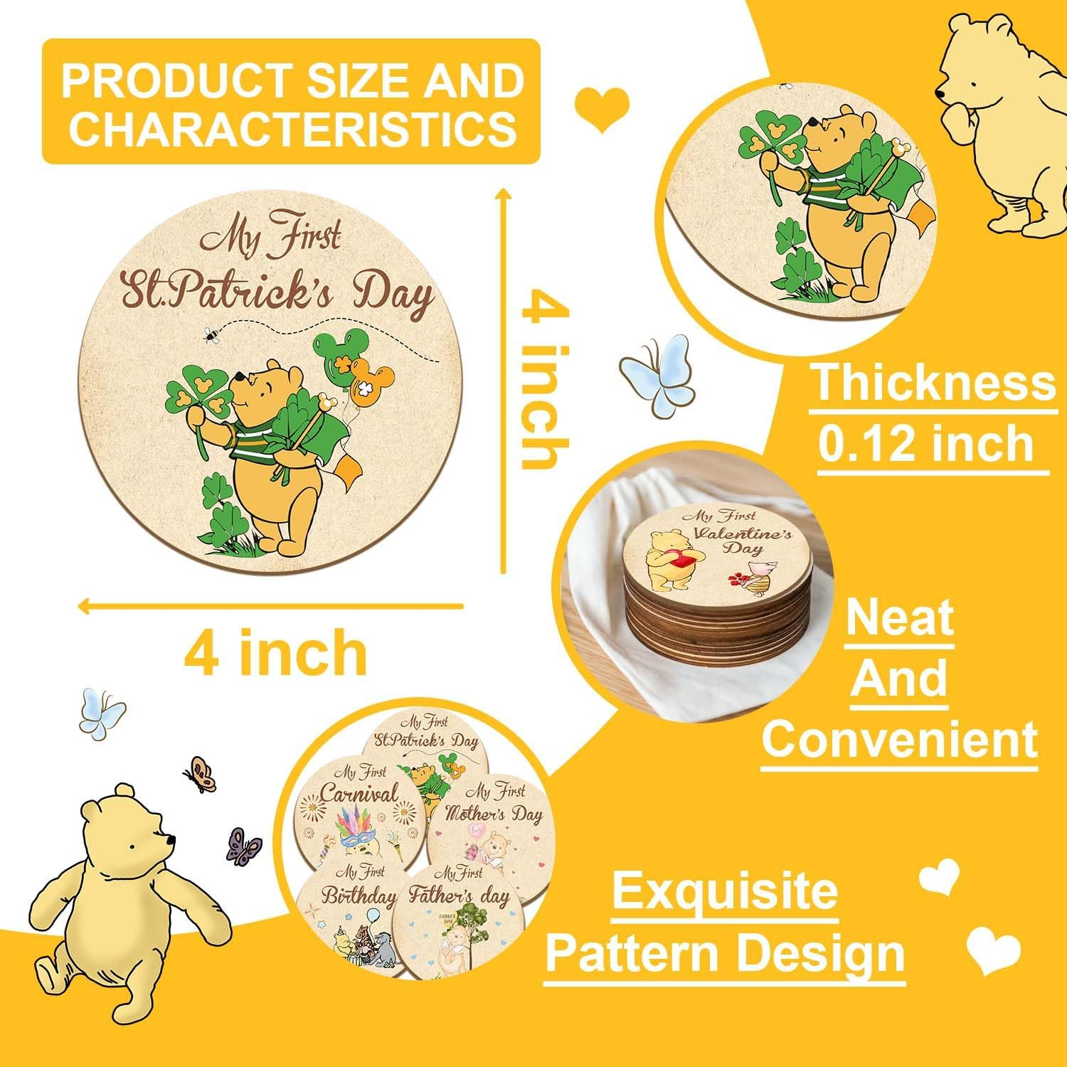 Alodr Winnie 6PCS My First Holiday Milestone Signs, Winnie My First Holiday Baby Milestone Wooden Double, the Pooh Deck Wooden Discs Announcement Sign,Winnie Gifts image number 2