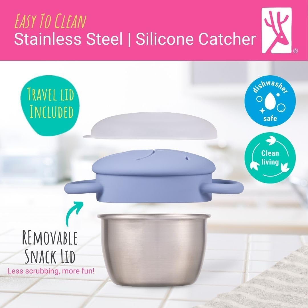 Elk and Friends Stainless Steel Snack Cups | Removable Silicone Food Catcher and Travel Lid | Spill-Proof Snack Containers for Baby, Toddler, Kids | Dishwasher Safe | 2 Pack image number 6
