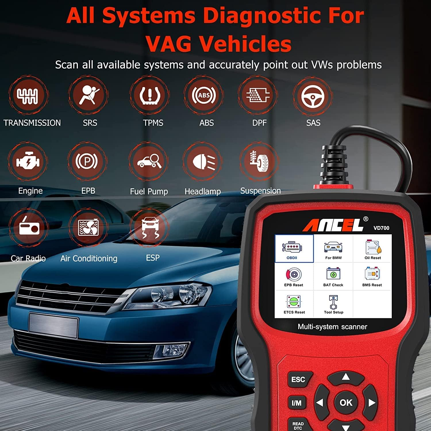 ANCEL VD700 Full Systems OBD2 Scanner Diagnostic Tool for VW Audi Skoda Seat, ABS Transmission SRS System Faults Diagnosis for VAG Vehicles with Battery Registration, DPF Oil EPB TPMS Reset image number 3