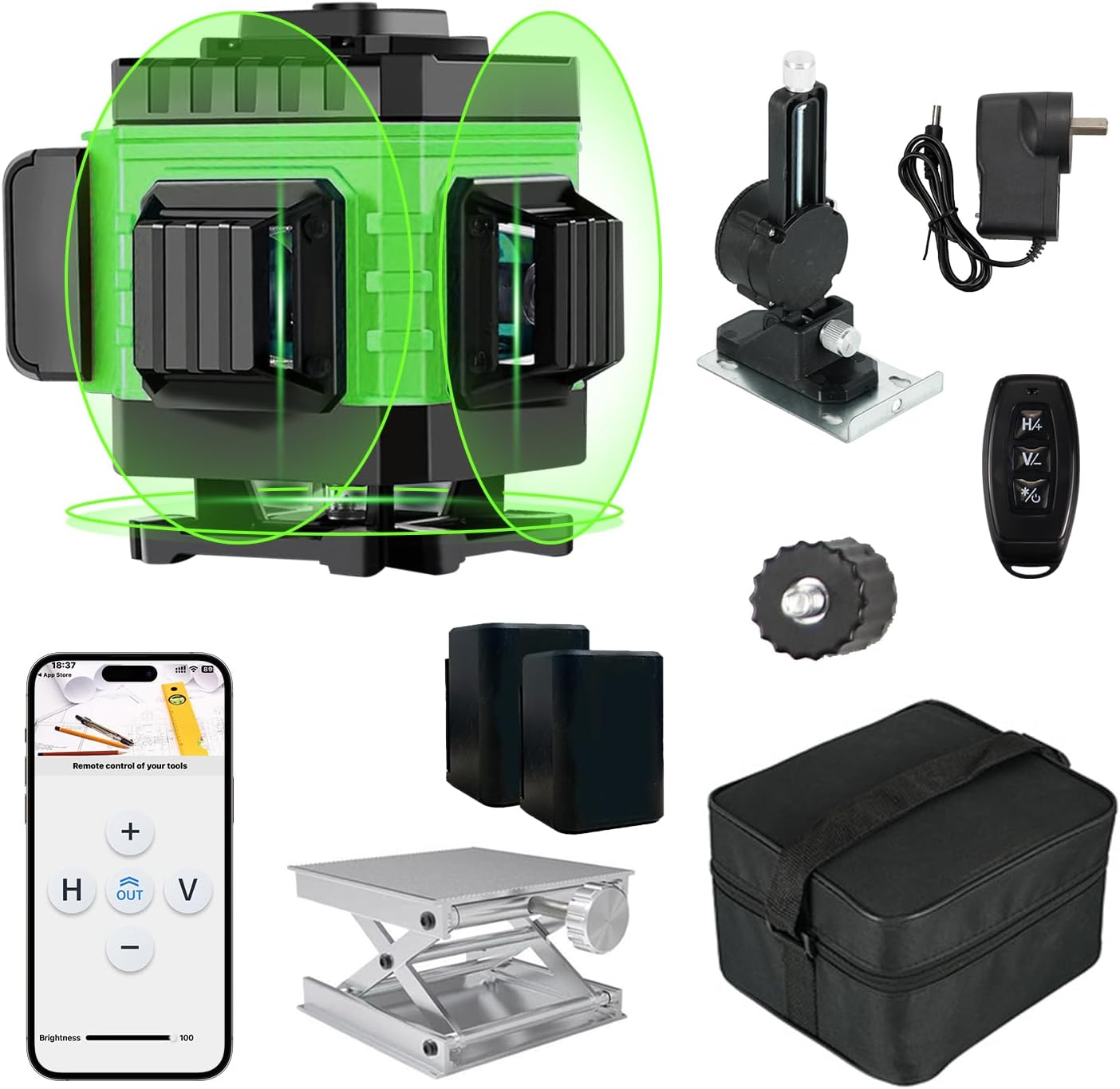 Xkimos Laser Level Green Self Leveling 12 Lines 3X360&deg;Adjustable Brightness Horizontal & Vertical Cross Line with Manual and Pulse Mode for Indoor Outdoor, 2Xbattery,Remote Control,Charger and so On image number 5